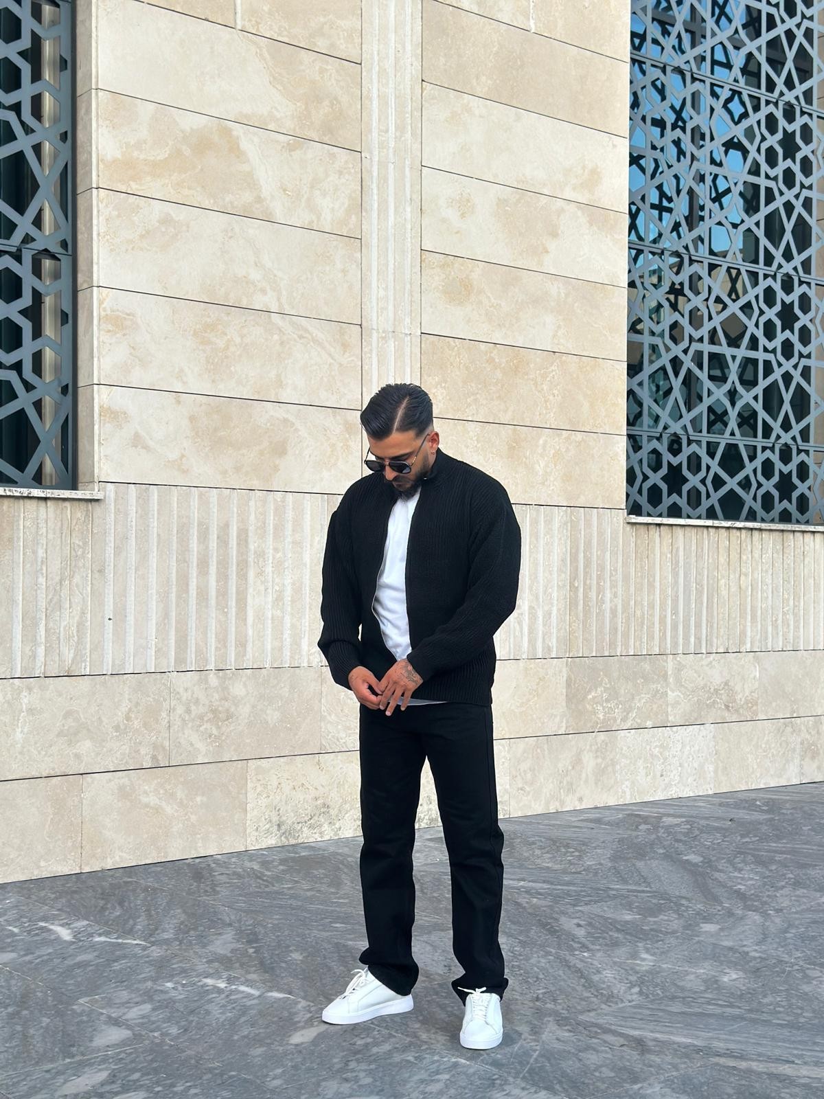 Oversize Fermuarlı Triko Hırka - Siyah