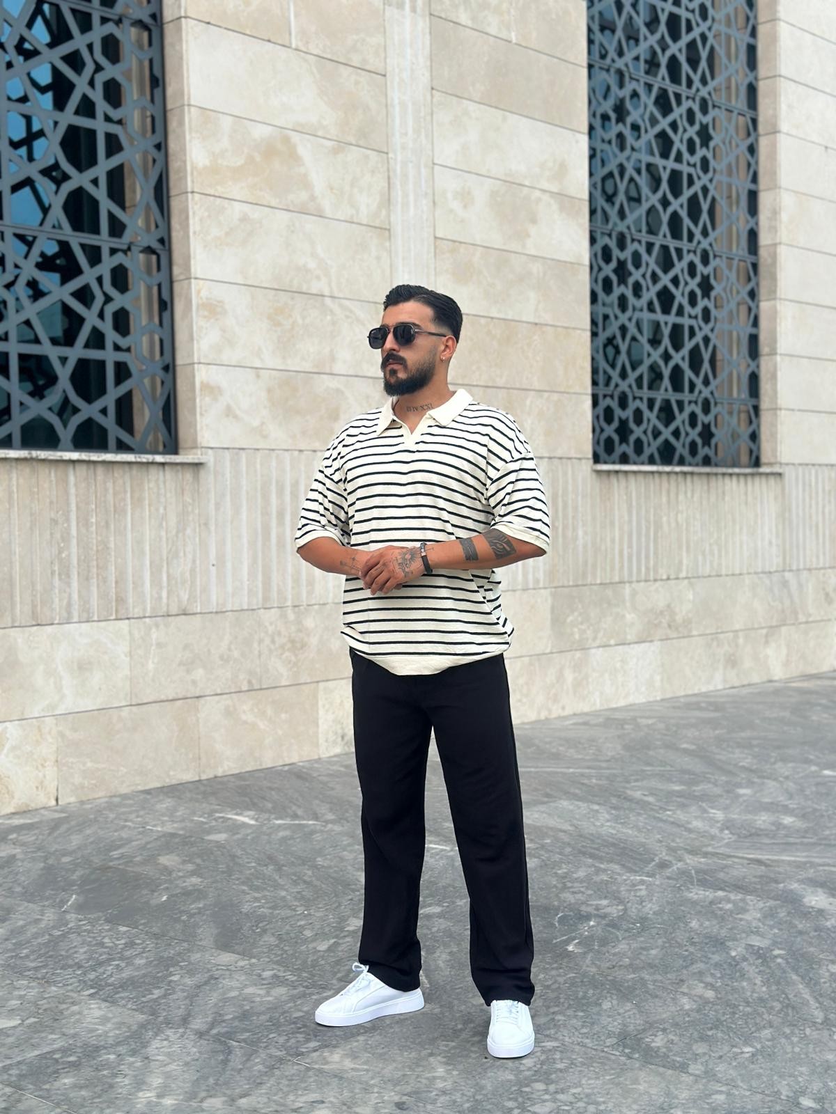 Yatay Çizgili Polo Yaka Triko - Siyah
