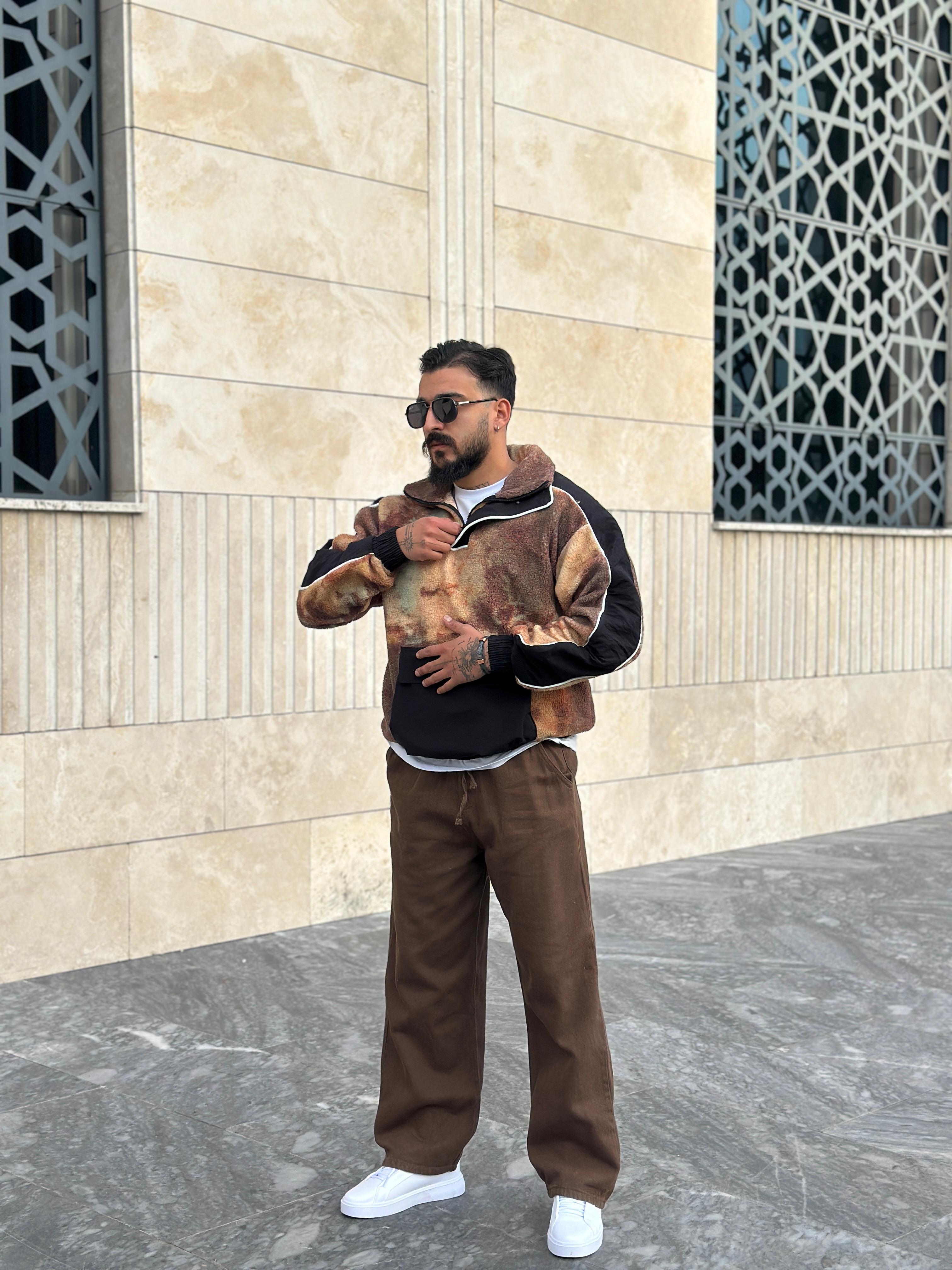 Oversize Kanguru Peluş Sweatshirt - Kahve