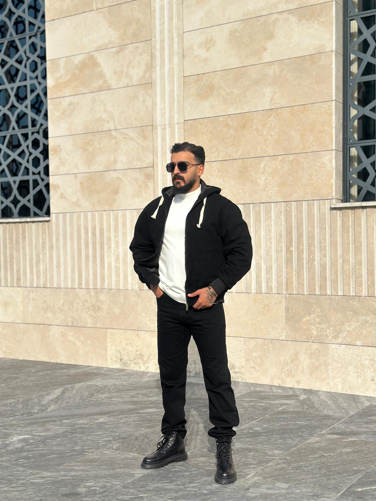 Oversize Kapişonlu Kot Mont - Siyah