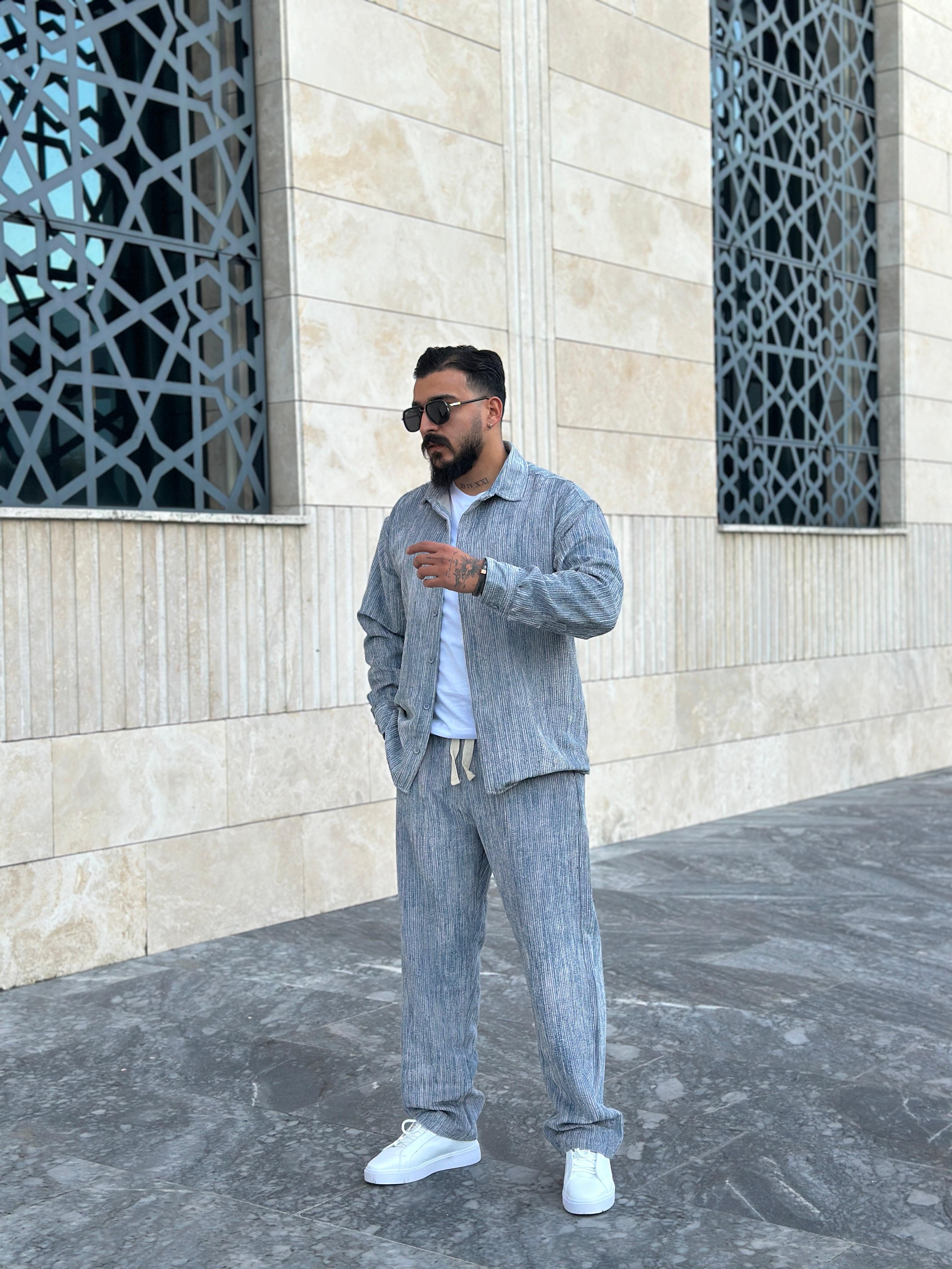 Efektli Oversize Kadife Takım - Gri