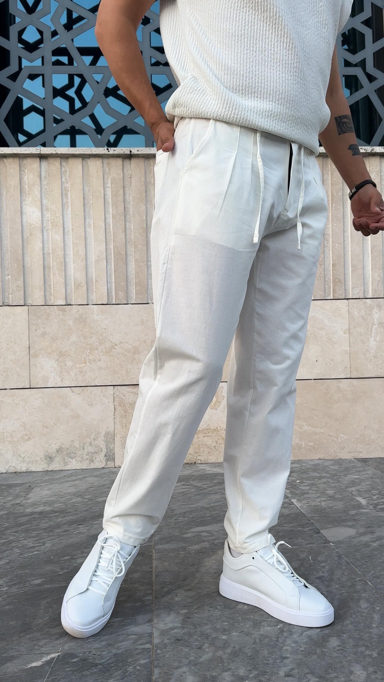 Pileli Keten İp Detaylı Boy Friend Kalıp Keten Pantolon