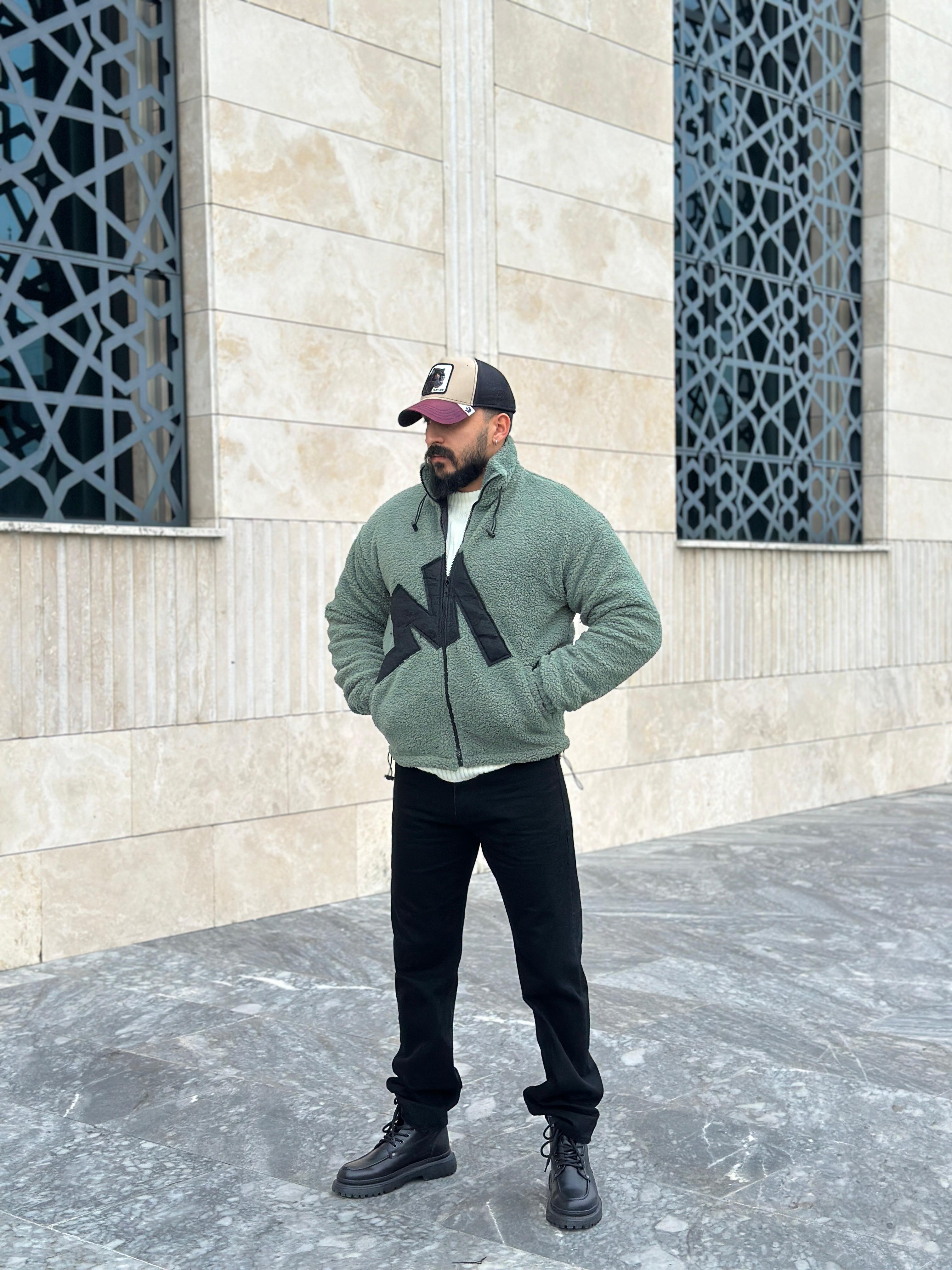 Oversize Astarlı Peluş Ceket - Yeşil