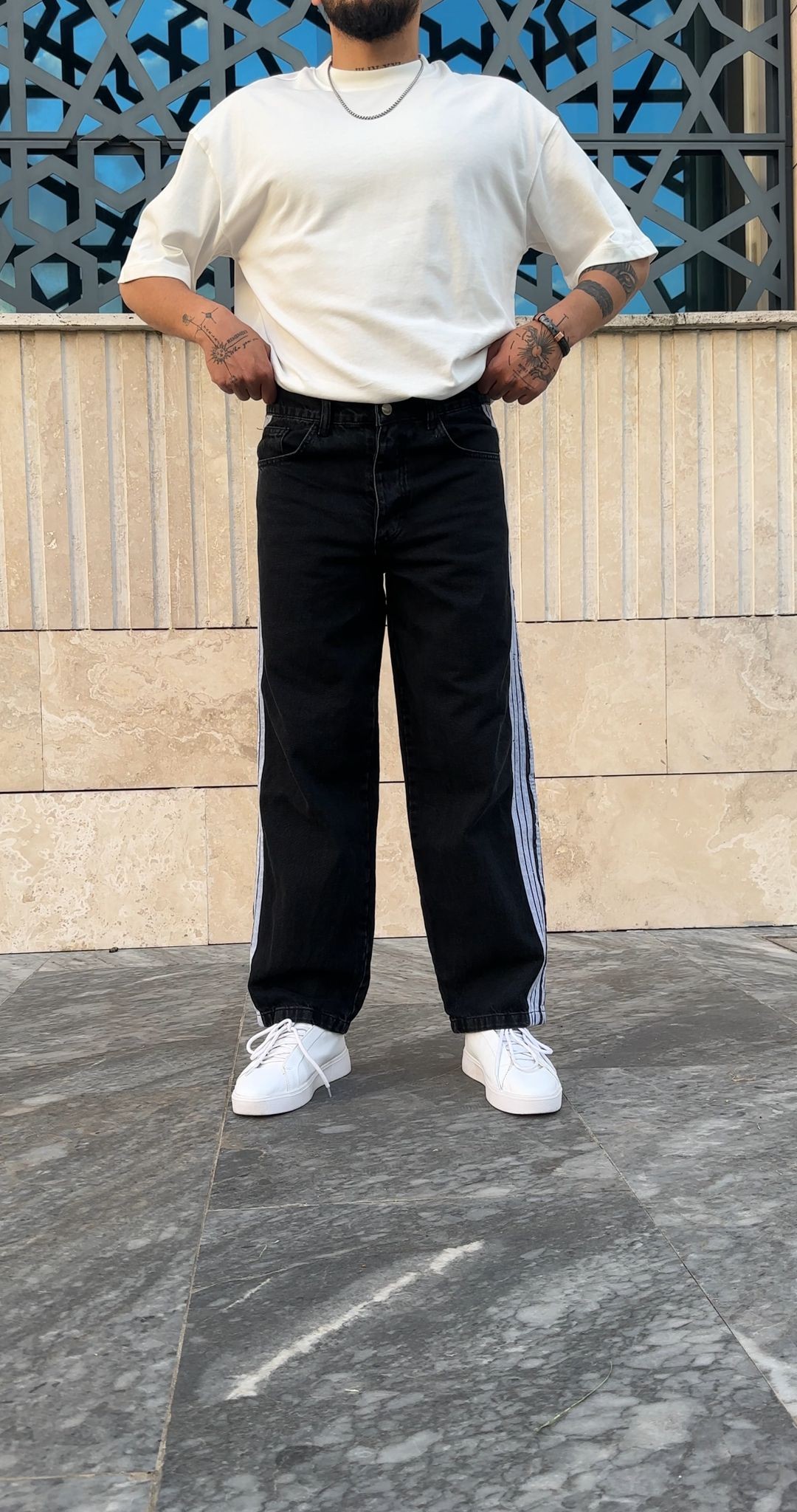 Şerit Detaylı Baggy Pantolon - Siyah