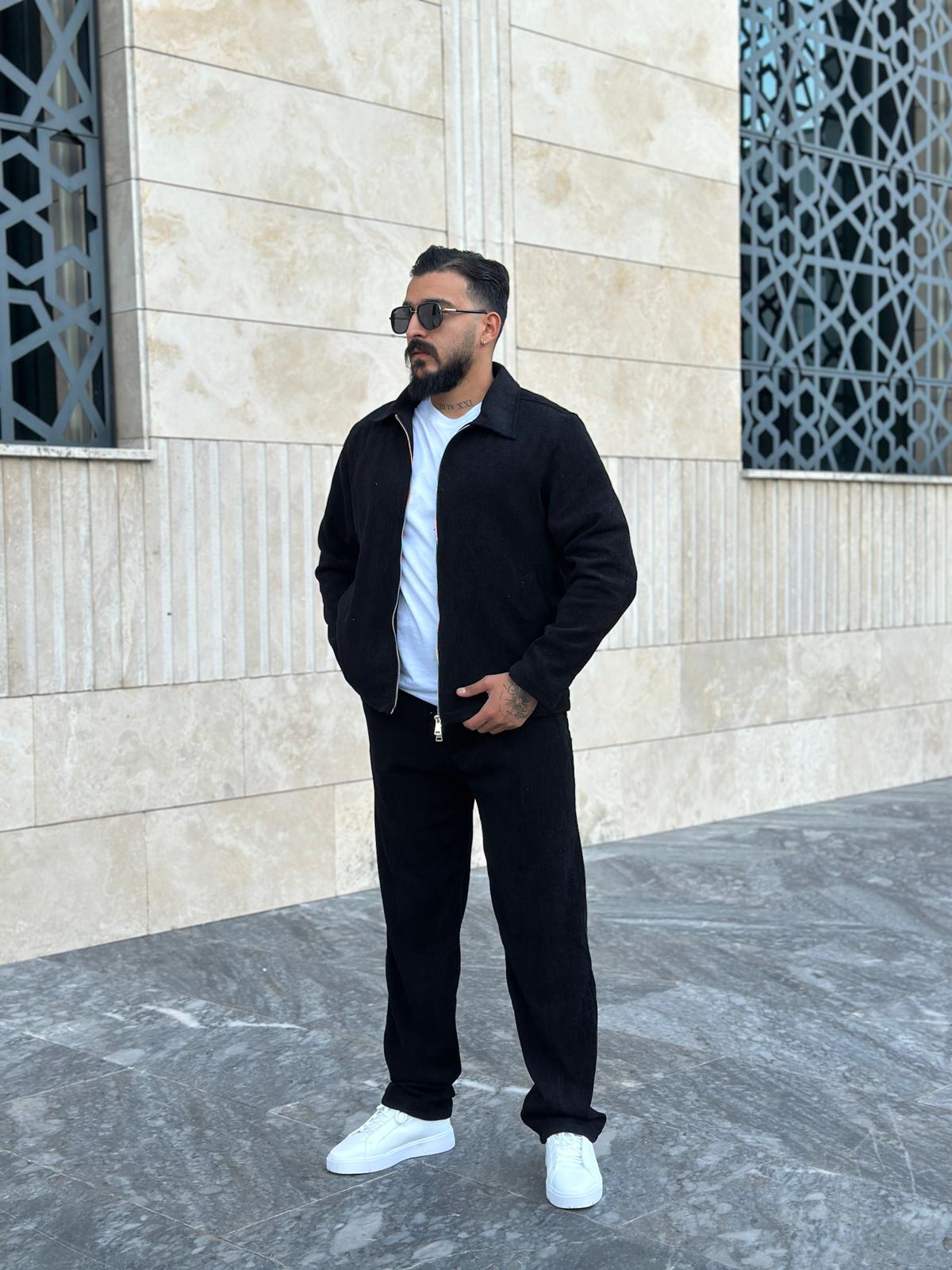 Regular Kalıp Kadife Ceket & Pantolon Takım - Siyah