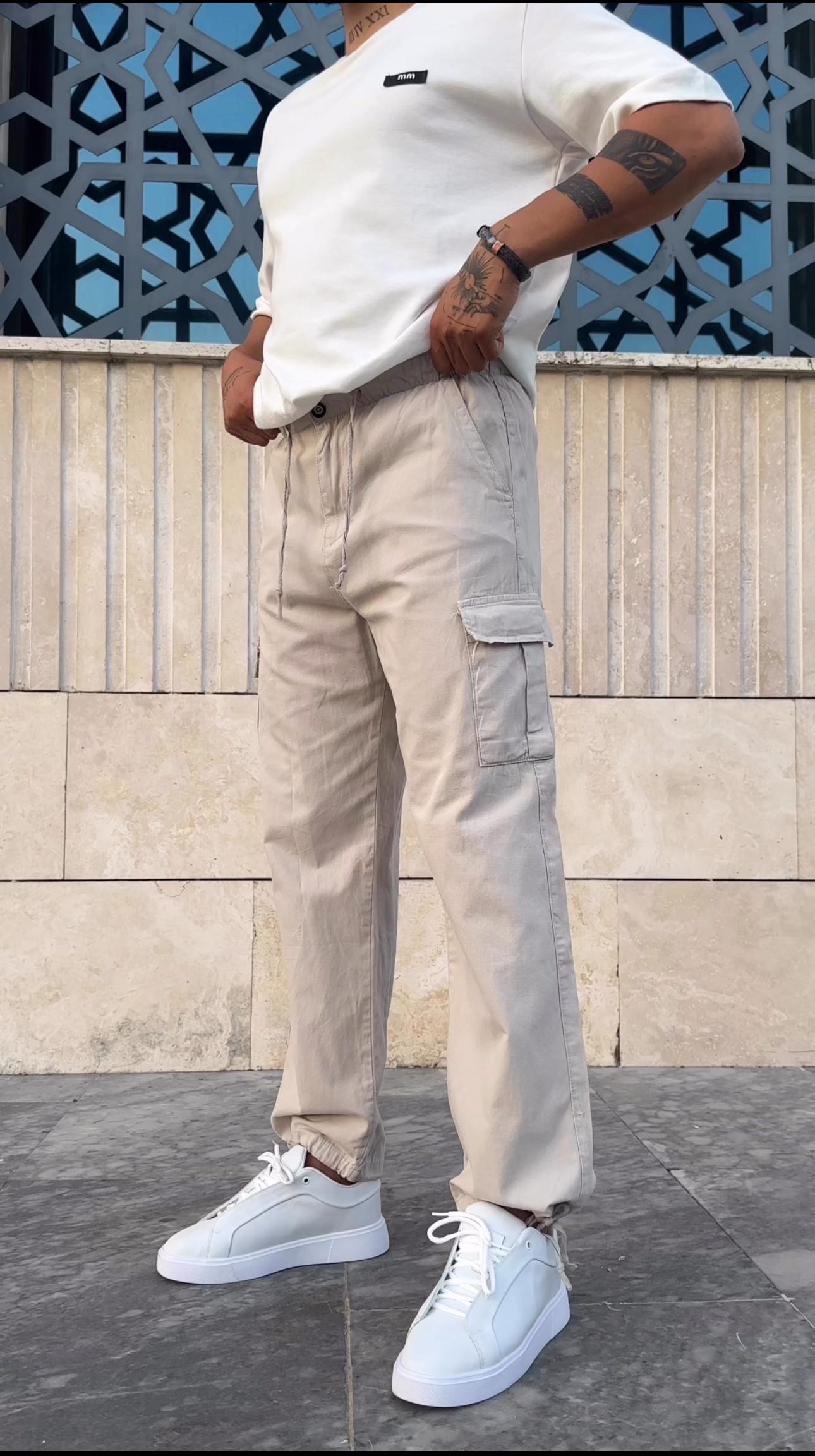 %100 Linen Keten Stoper Paça Pantolon - Krem