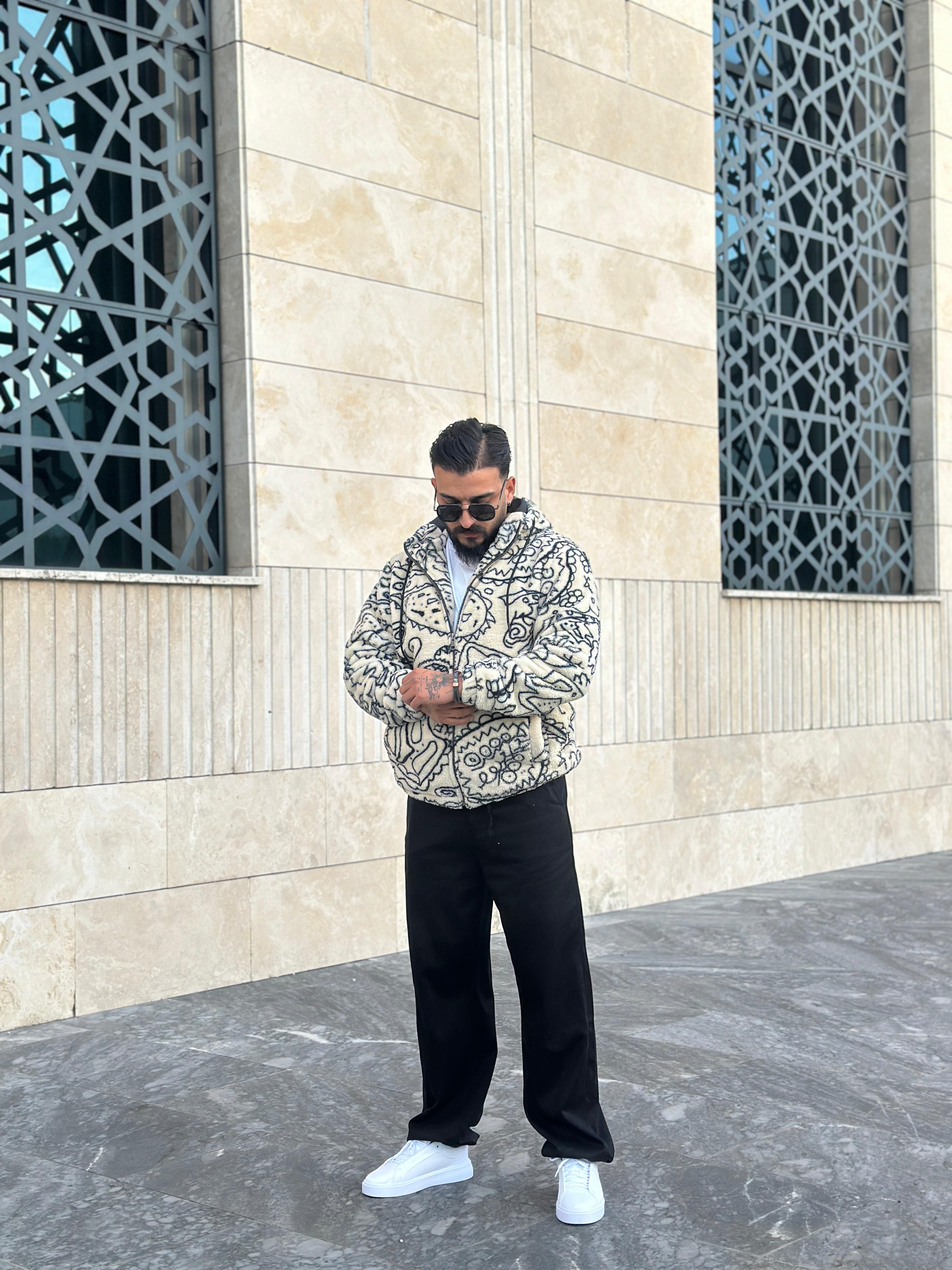 Oversize Astarlı Peluş Ceket & Mont - Desenli Beyaz