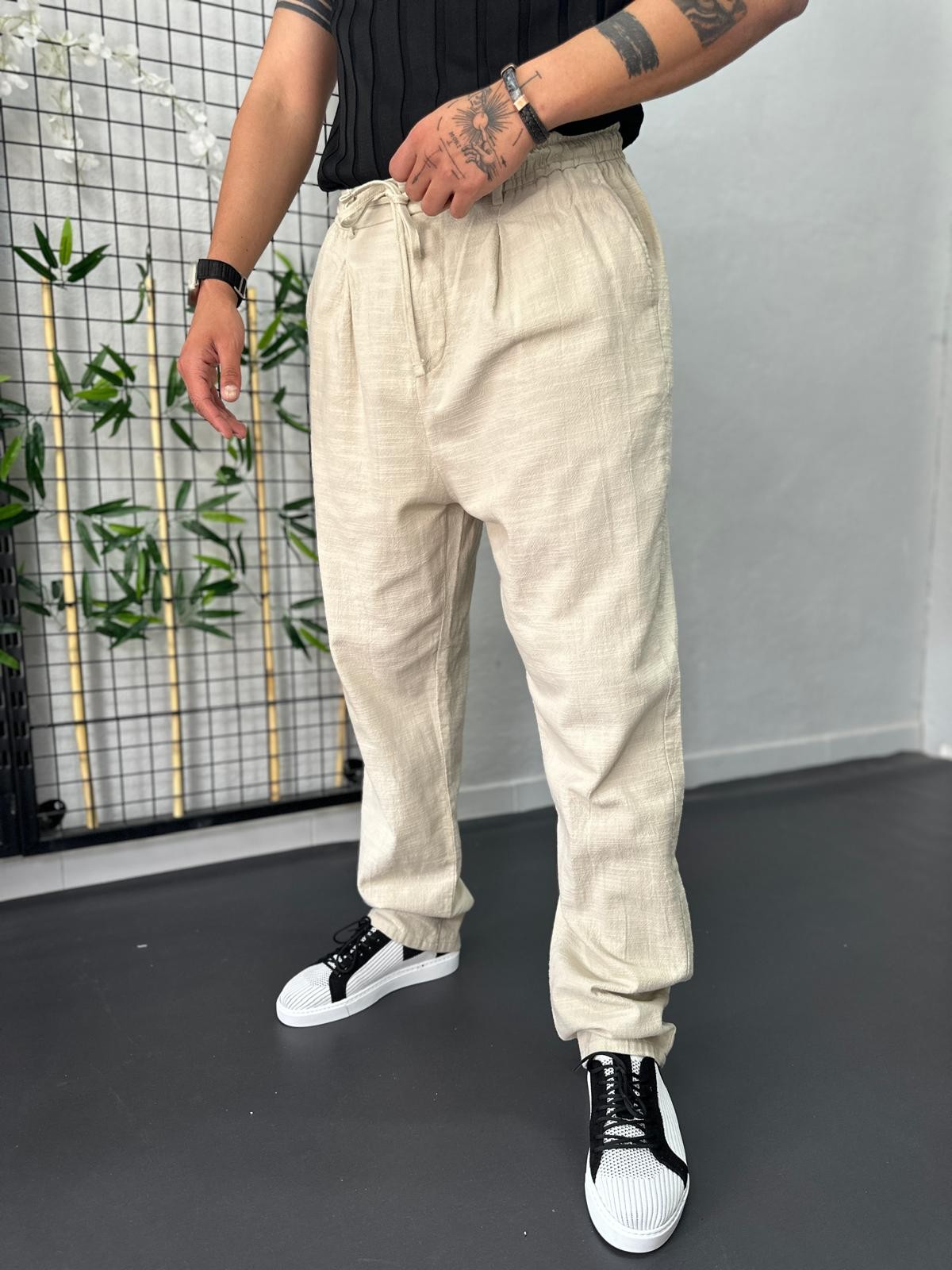 Yıkamalı Keten Baggy Pantolon