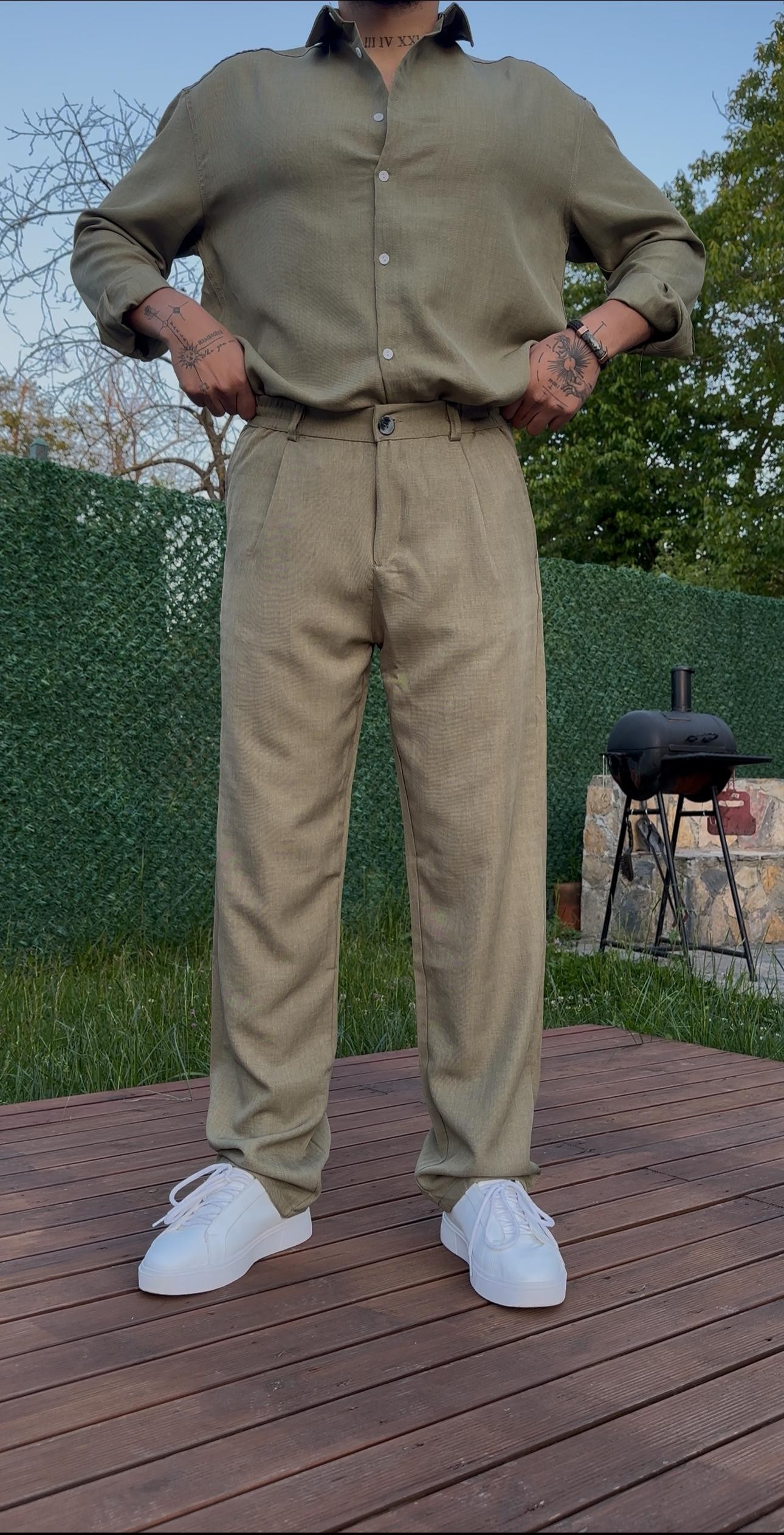 Baggy Keten Pantolon - Haki