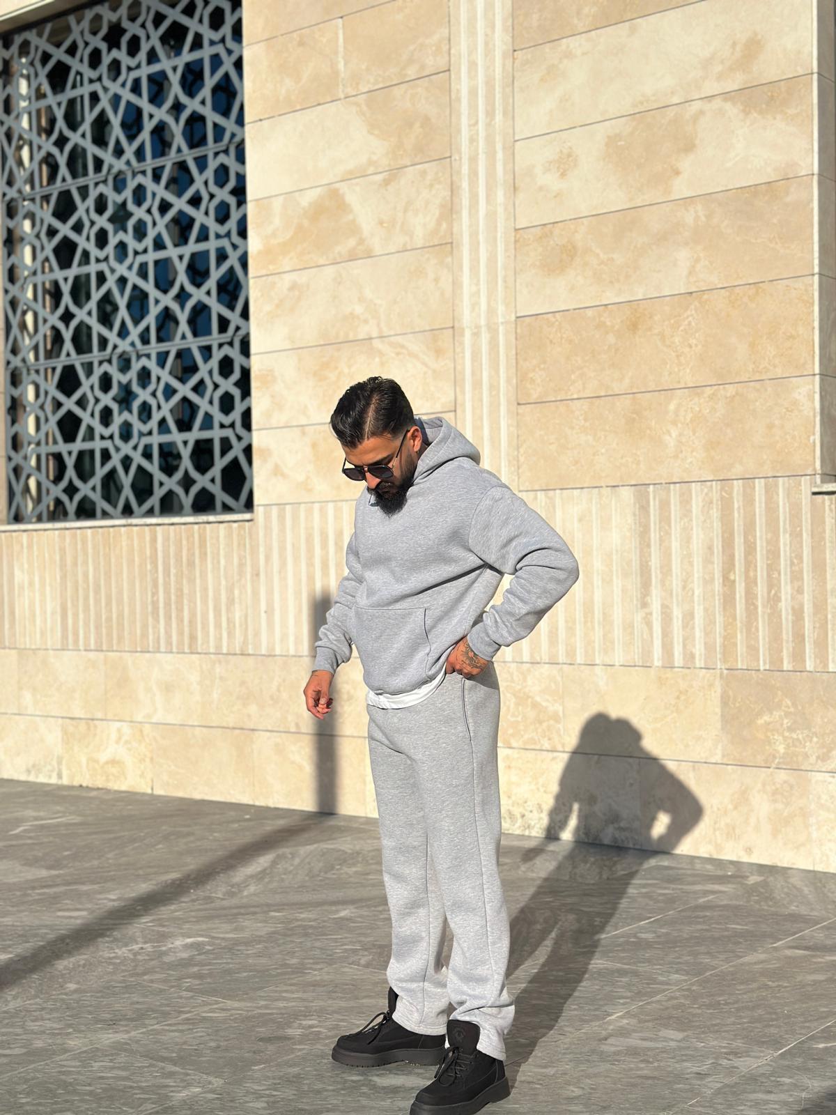 Oersize Üç İplik Şardonlu Eşofman Takımı - Gri