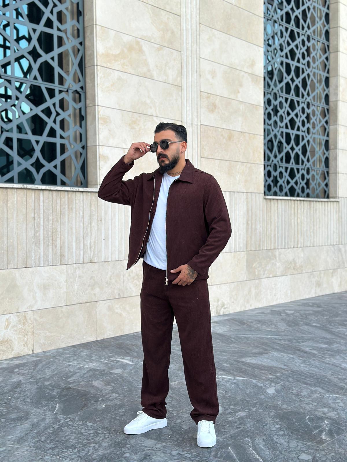 Regular Kalıp Kadife Ceket & Pantolon Takım - Kahve