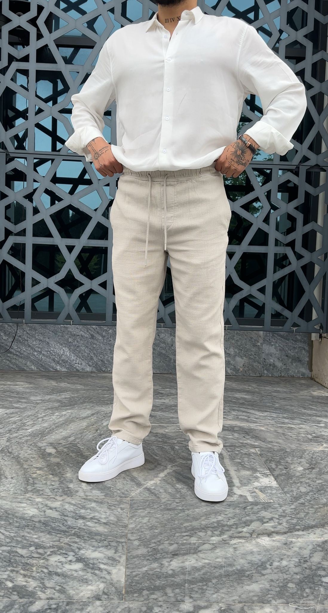 Regular kalıp %100 Keten Pantolon - Krem