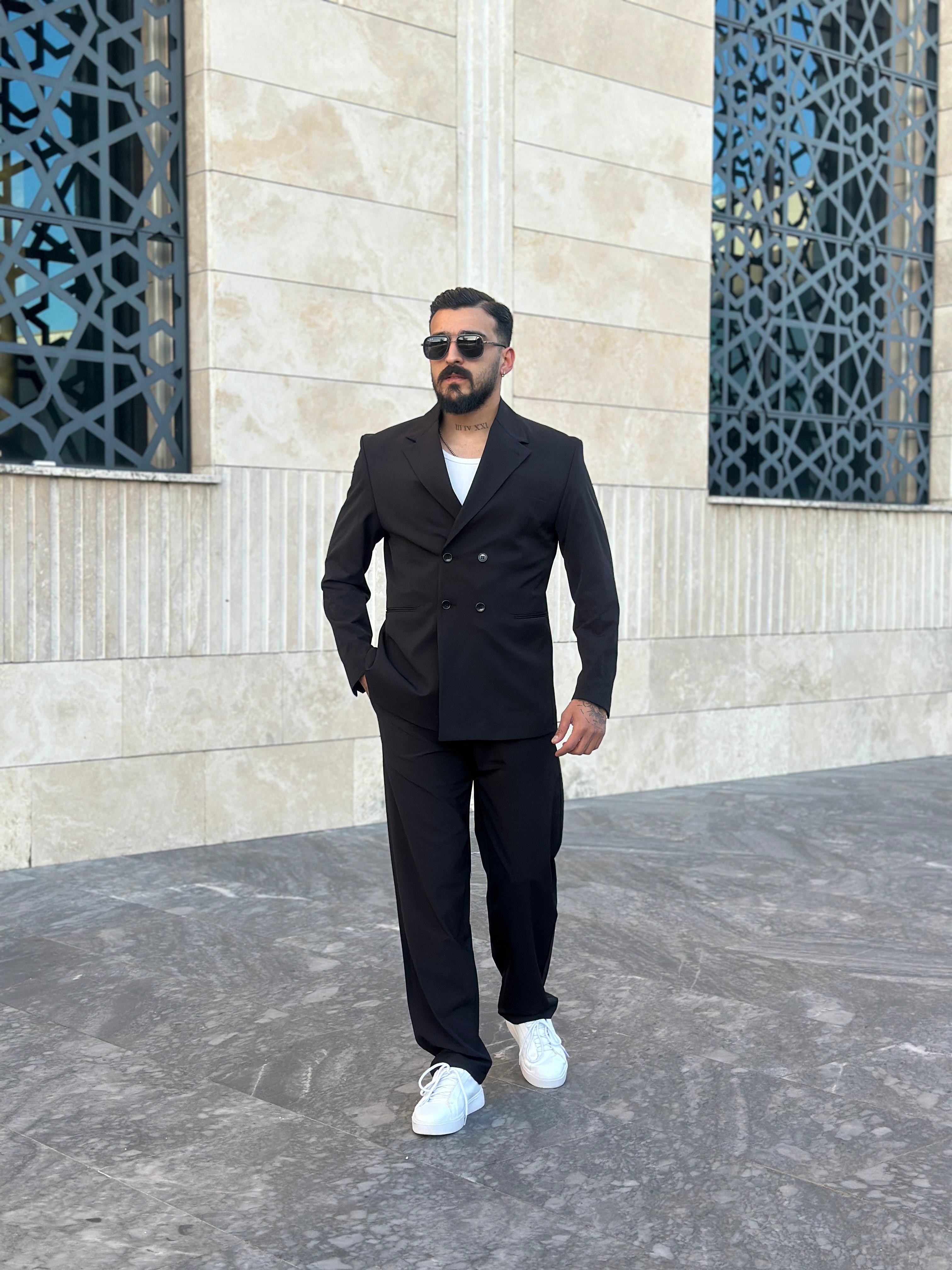 Oversize Kruvaze Takım Elbise - Siyah