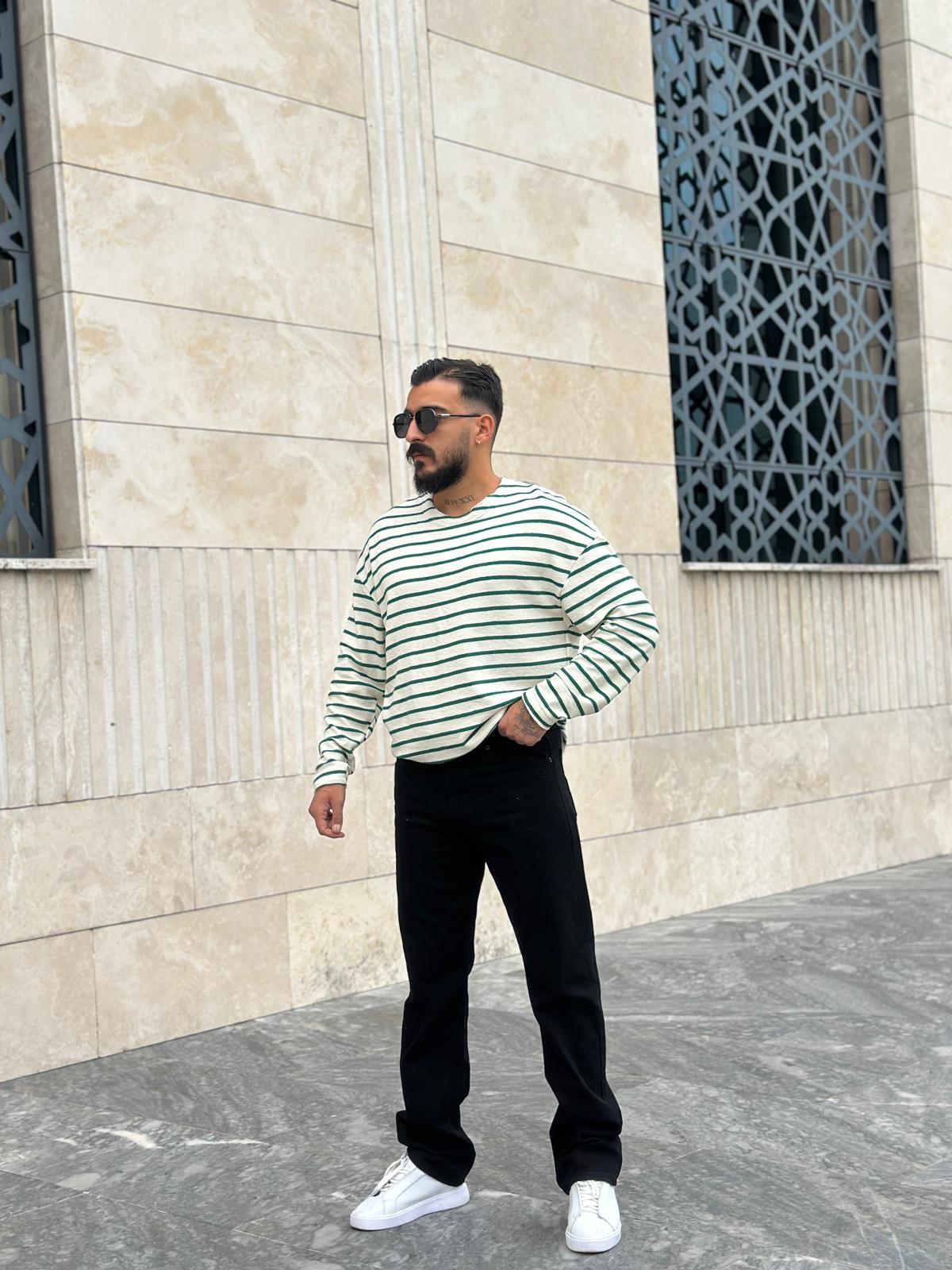 Yatay Çizgili Oversize Sweatshirt - Yeşil