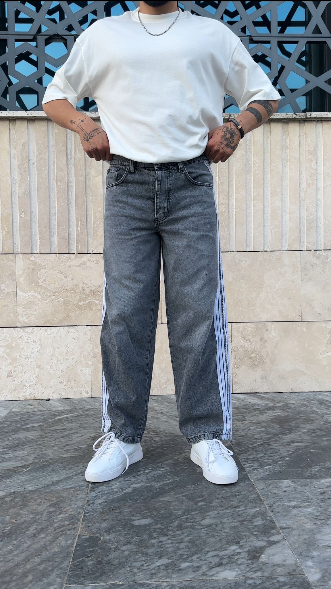 Şerit Detaylı Baggy Pantolon - Gri