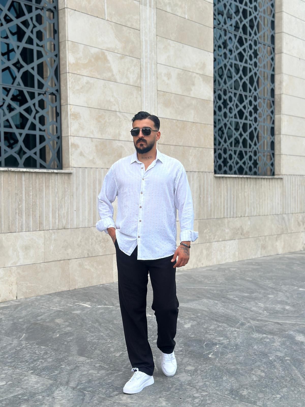 Çizgili Oversize Keten Gömlek - Beyaz