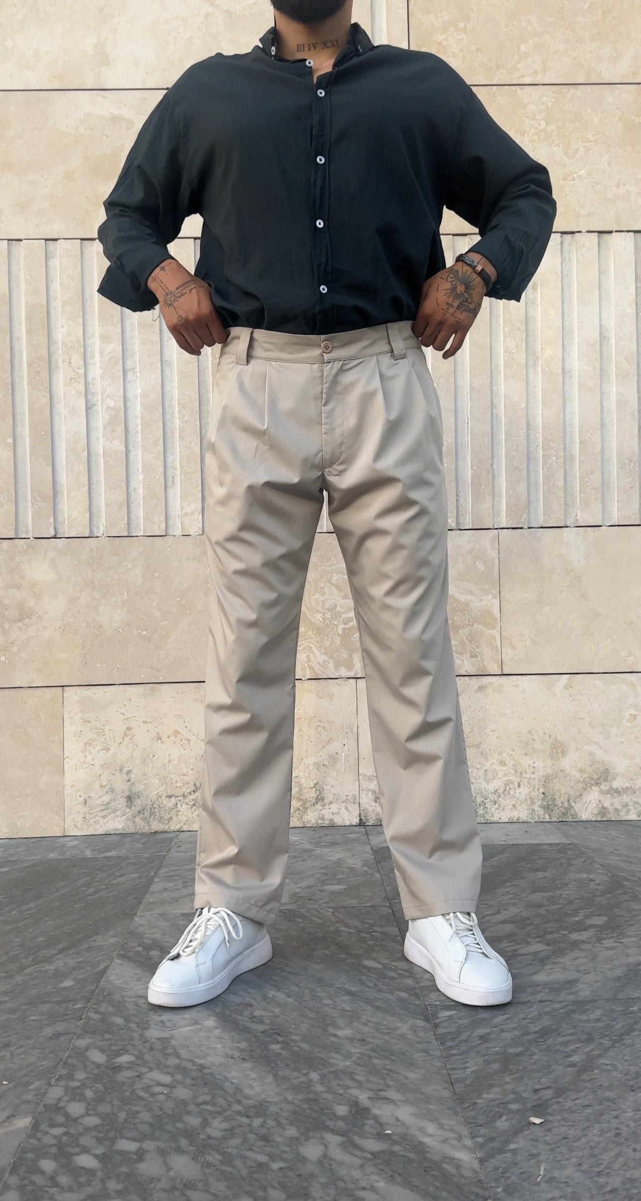 Tek Pile Detaylı Gabardin Baggy Pantolon - Krem