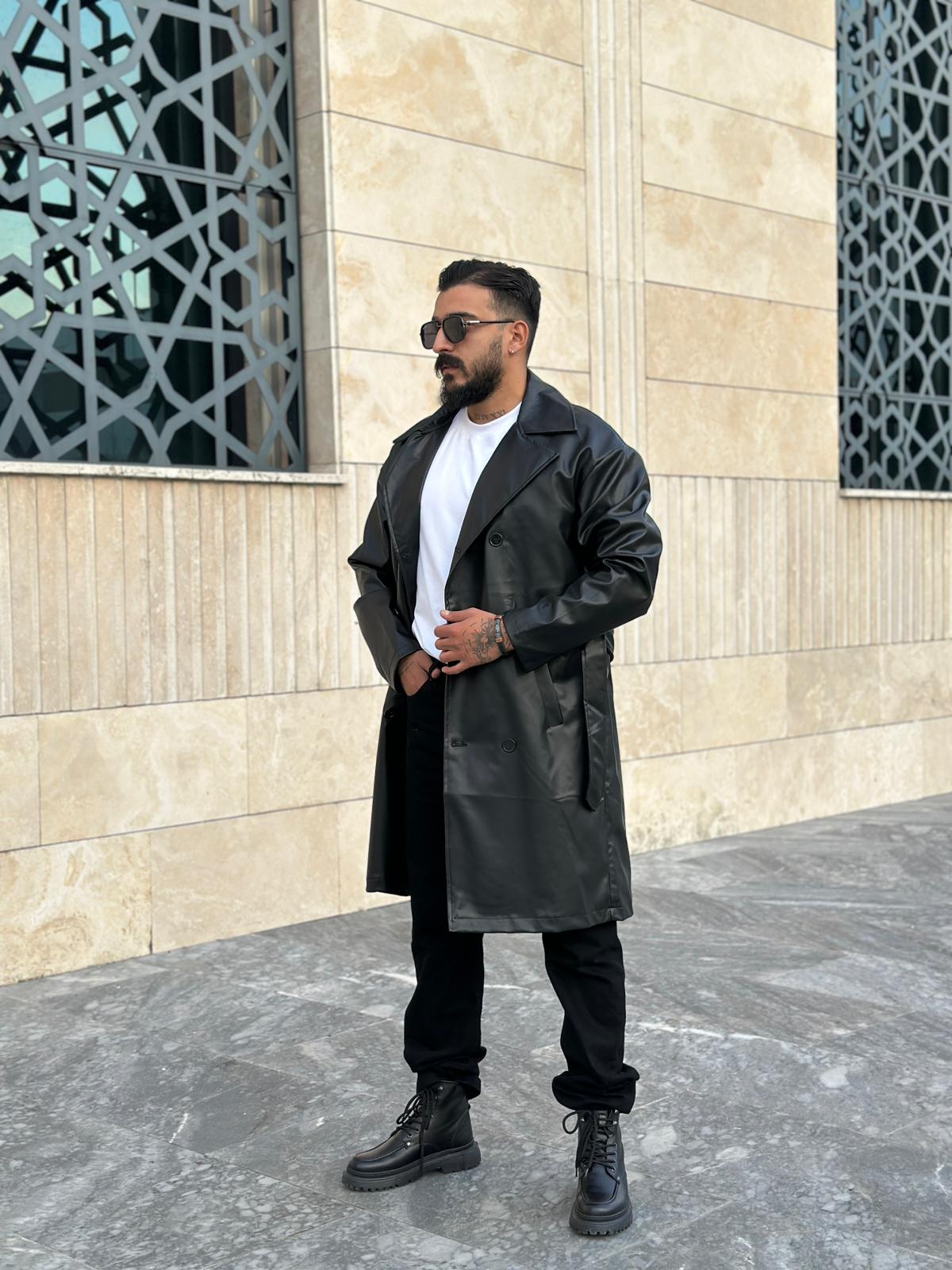 Oversize Astarlı Deri Trençkot - Siyah