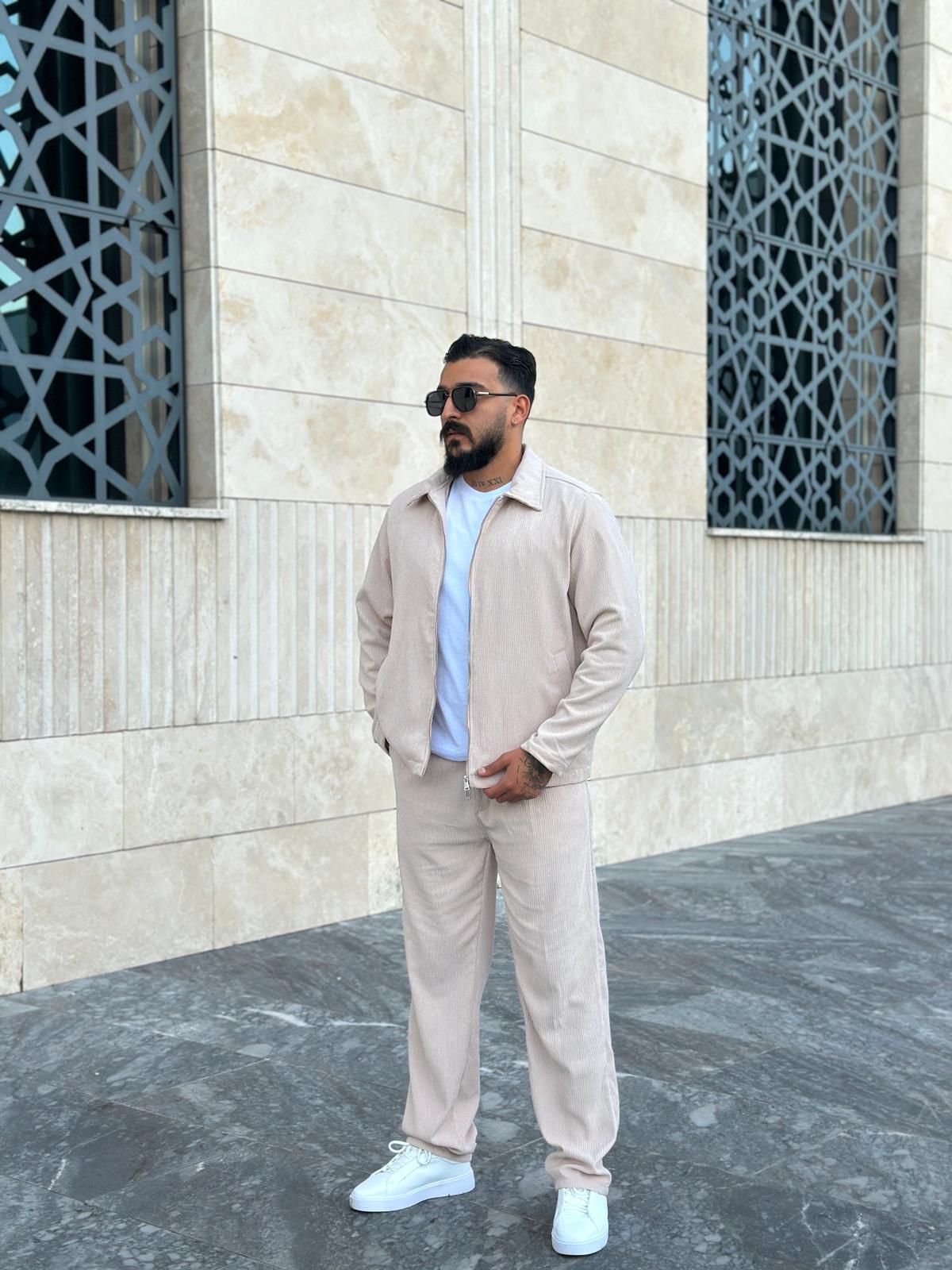 Regular Kalıp Kadife Ceket & Pantolon Takım - Krem