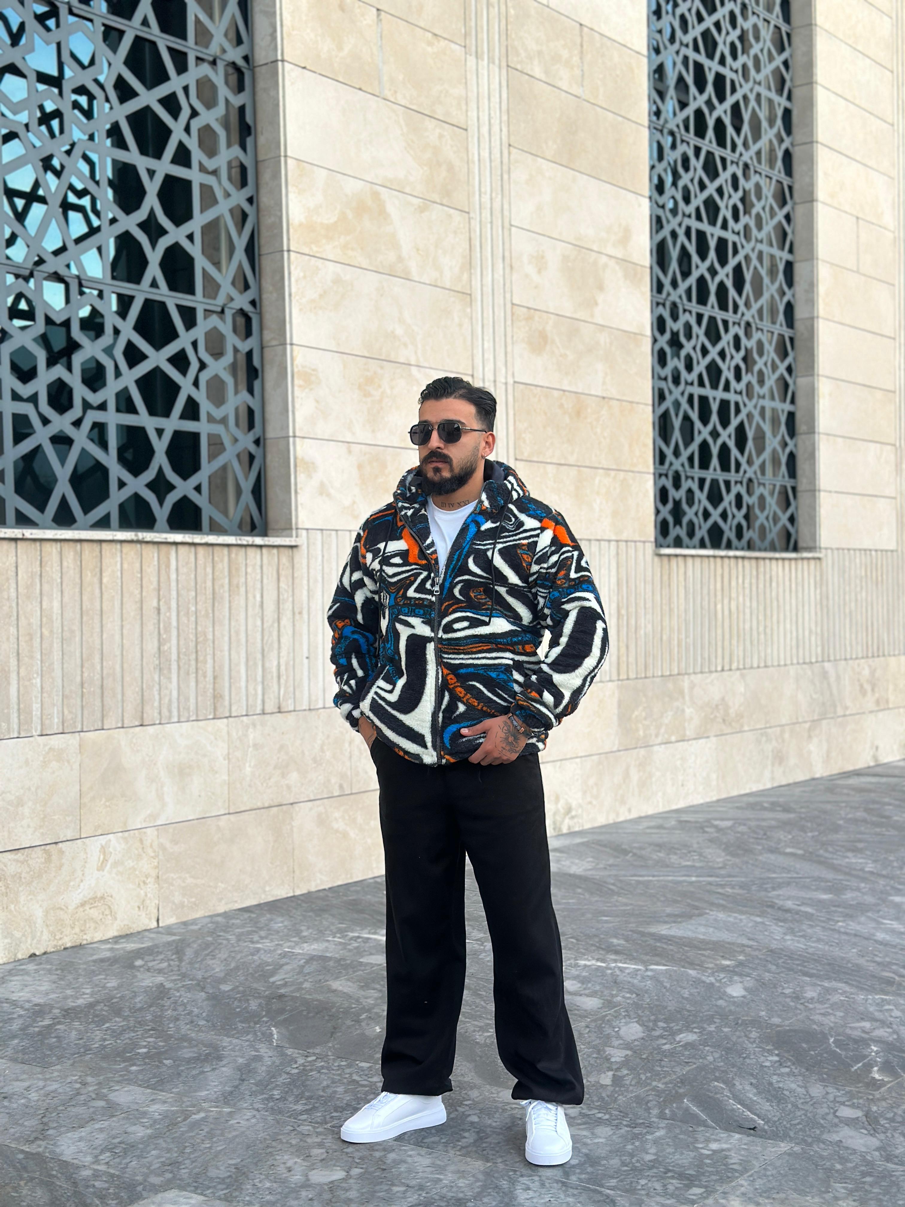 Oversize Astarlı Peluş Ceket & Mont - Desenli Siyah