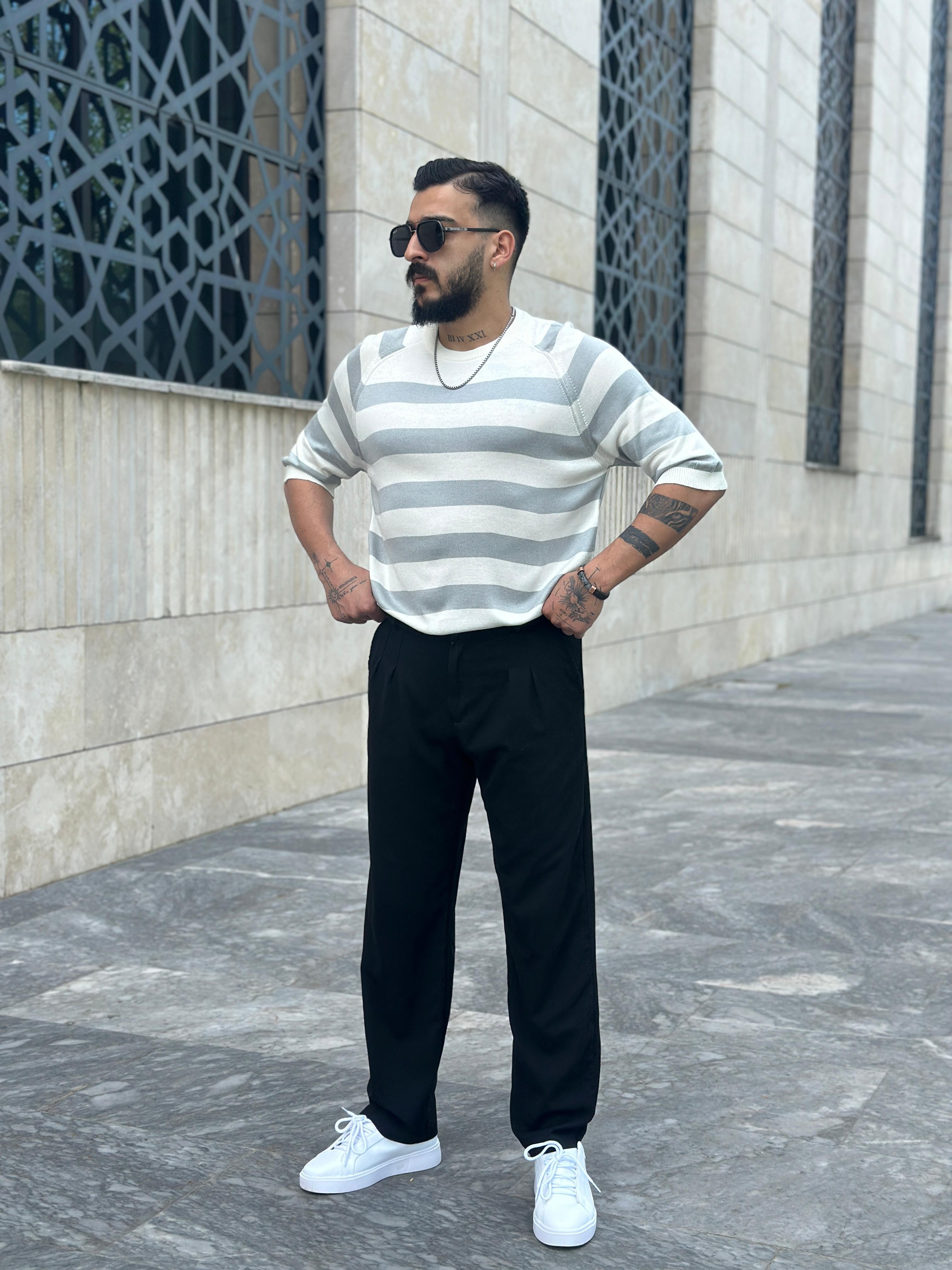Yatay Çizgilii Triko - Gri