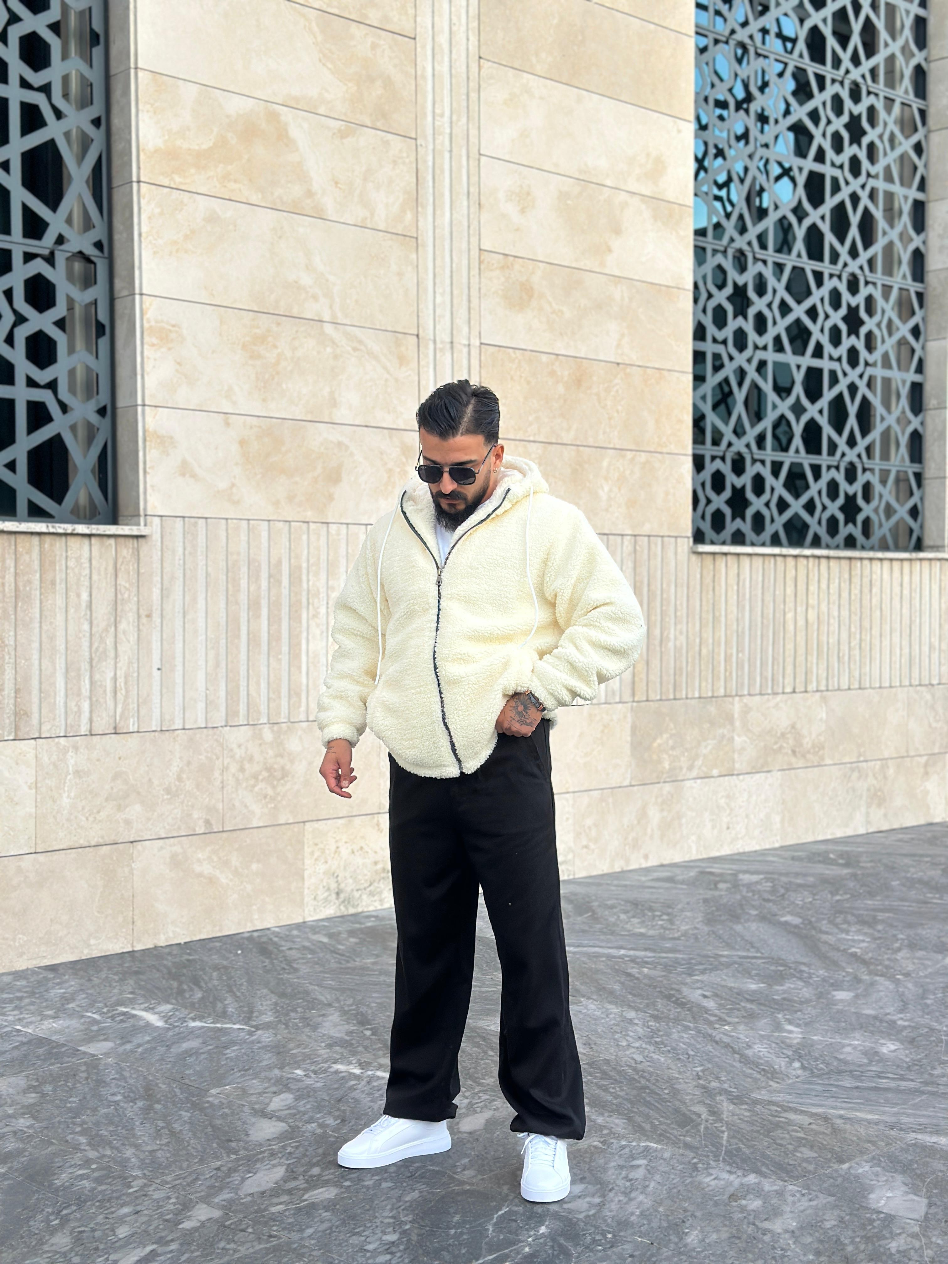 Oversize Astarlı Peluş Ceket & Mont - Beyaz