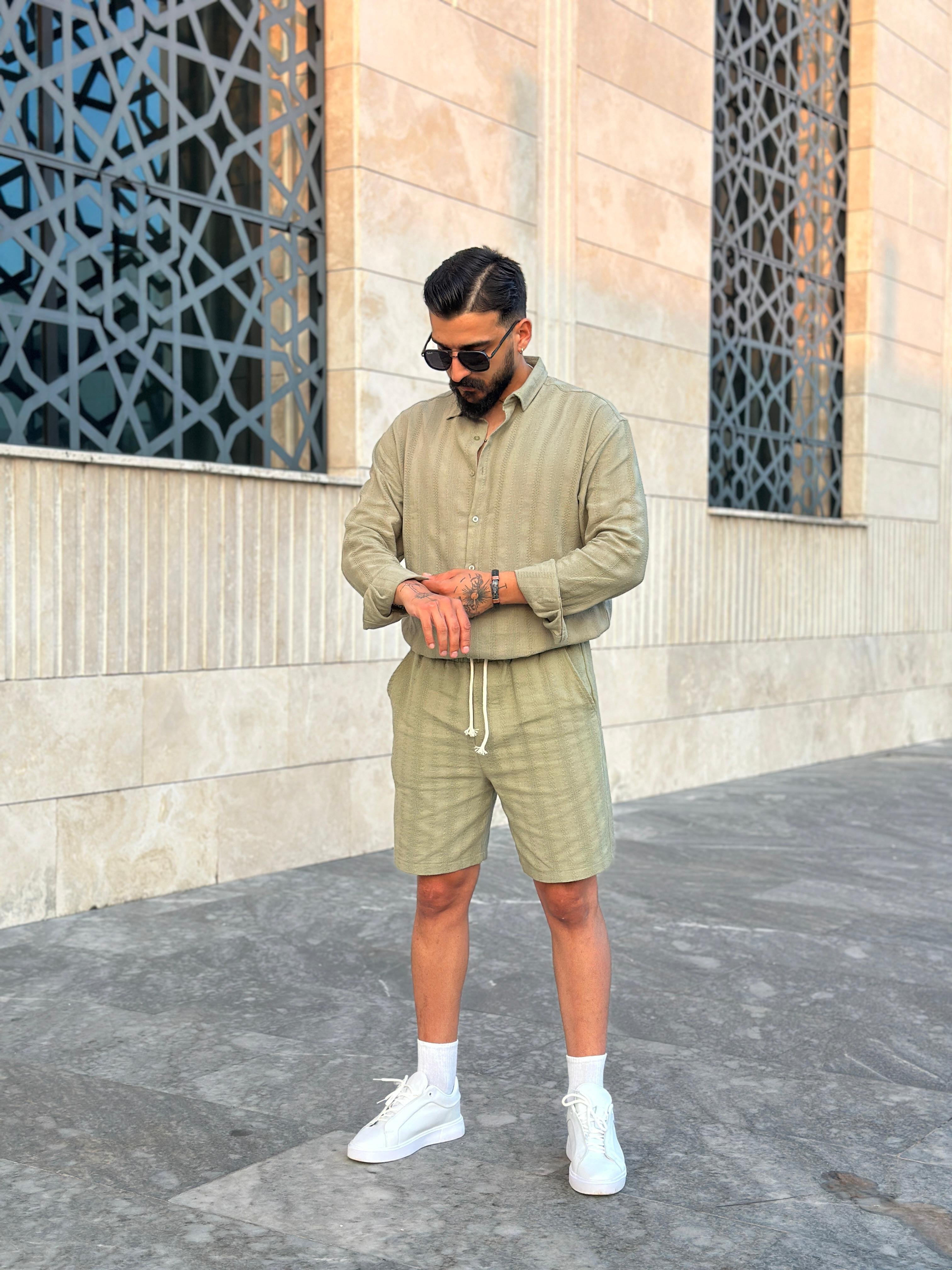 Kendinden Desenli Oversize Keten Gömlek - Yeşil