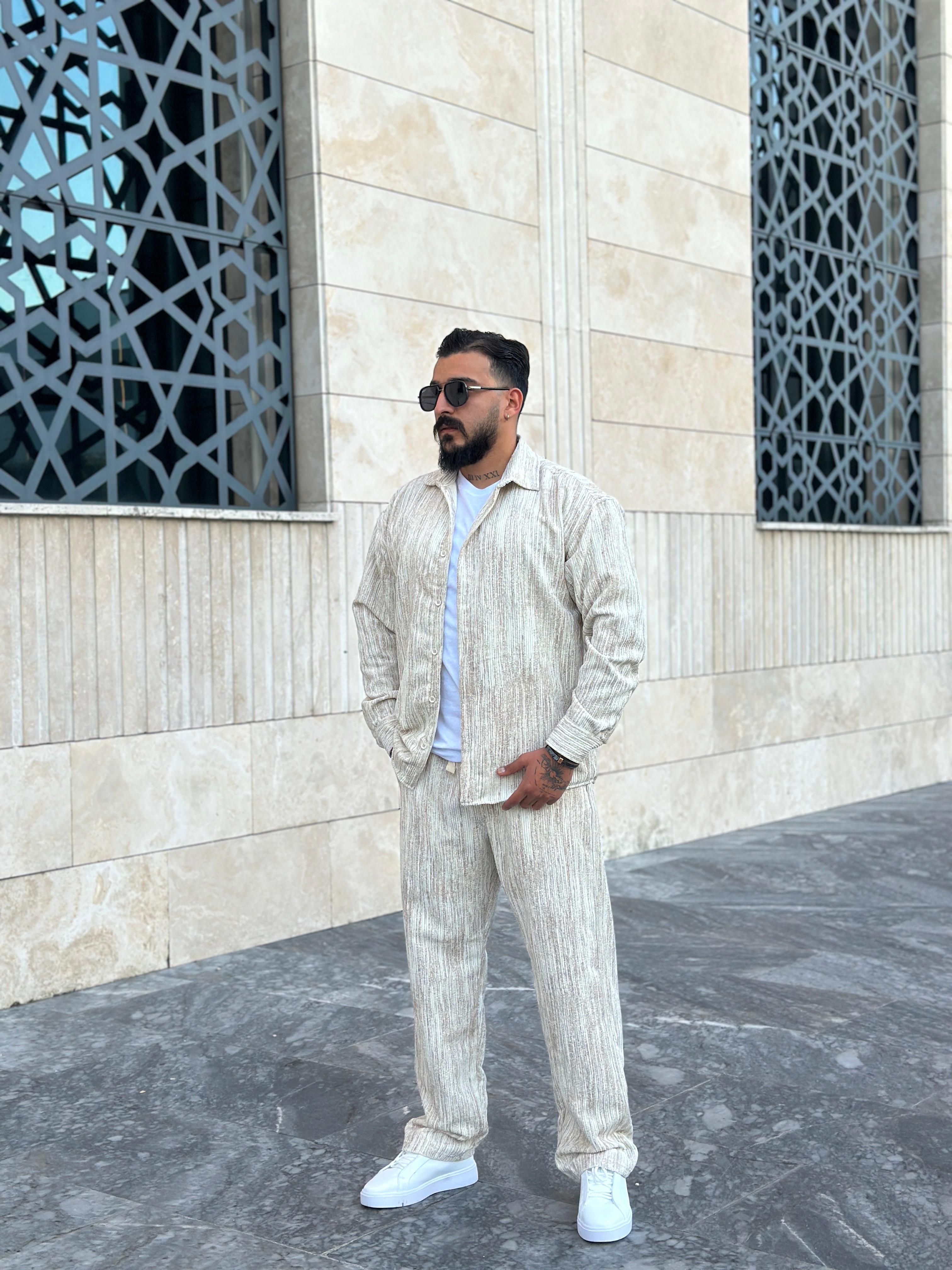 Efektli Oversize Kadife Takım - Krem