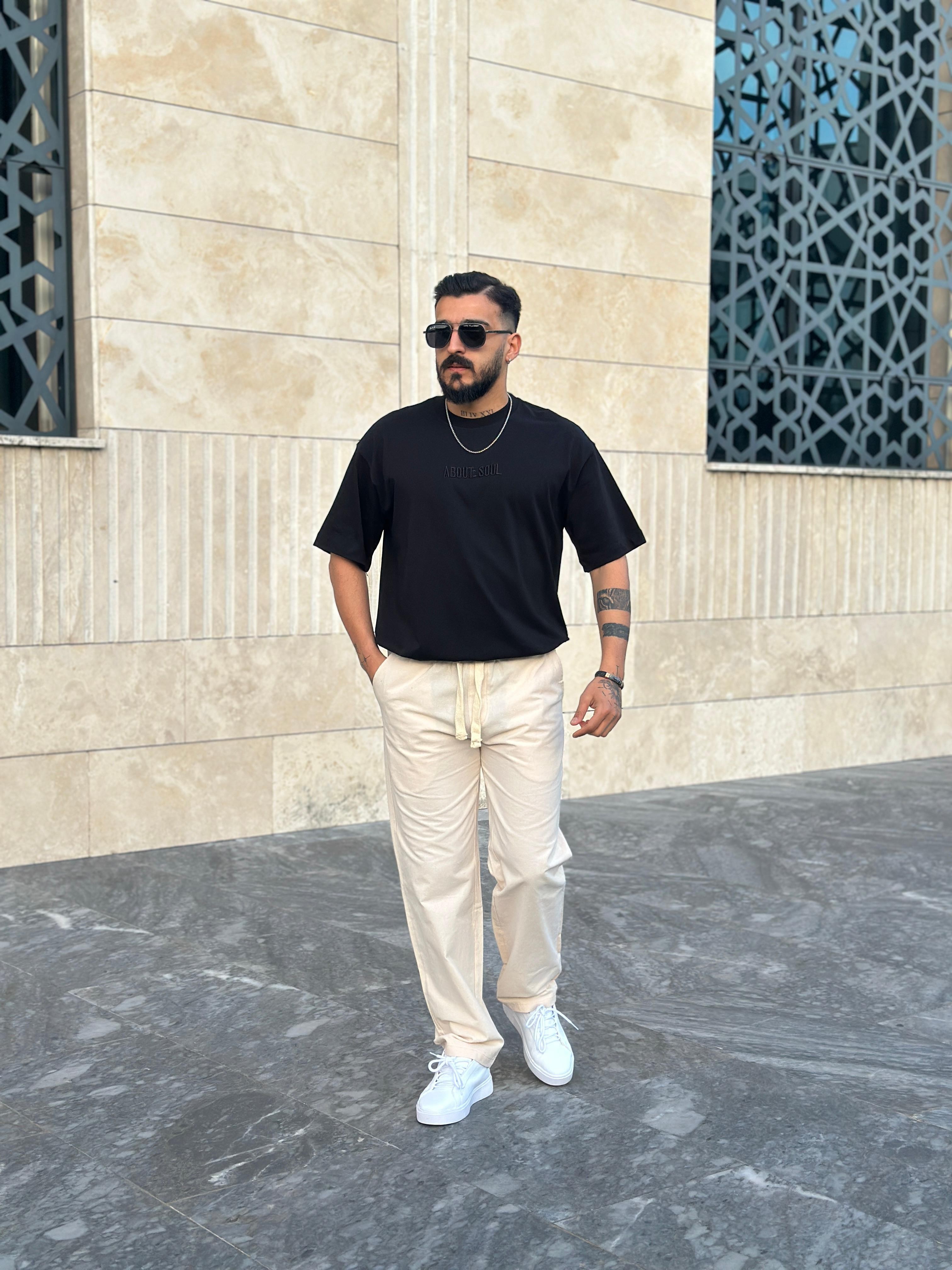 Oversize Nakışlı T shirt - Siyah
