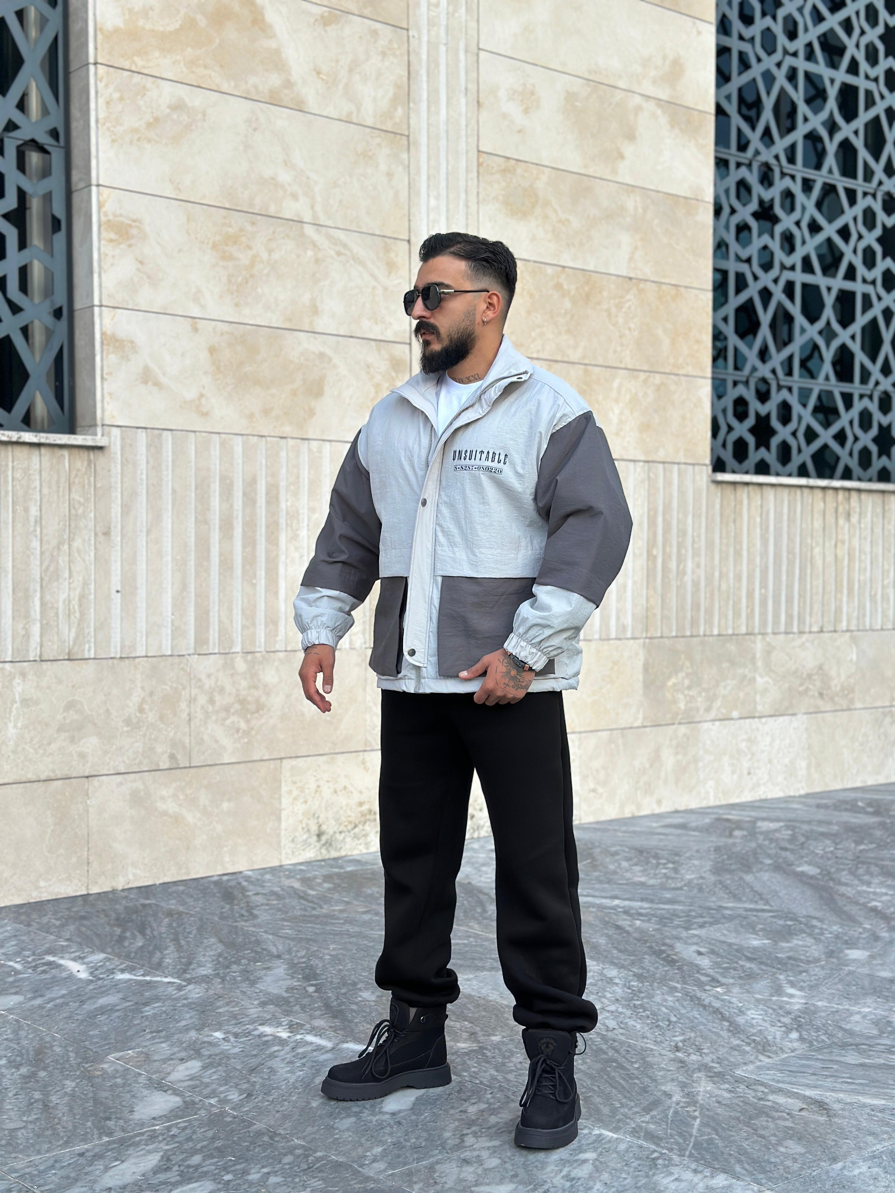 Parçalı Oversize Şişme Mont - Gri