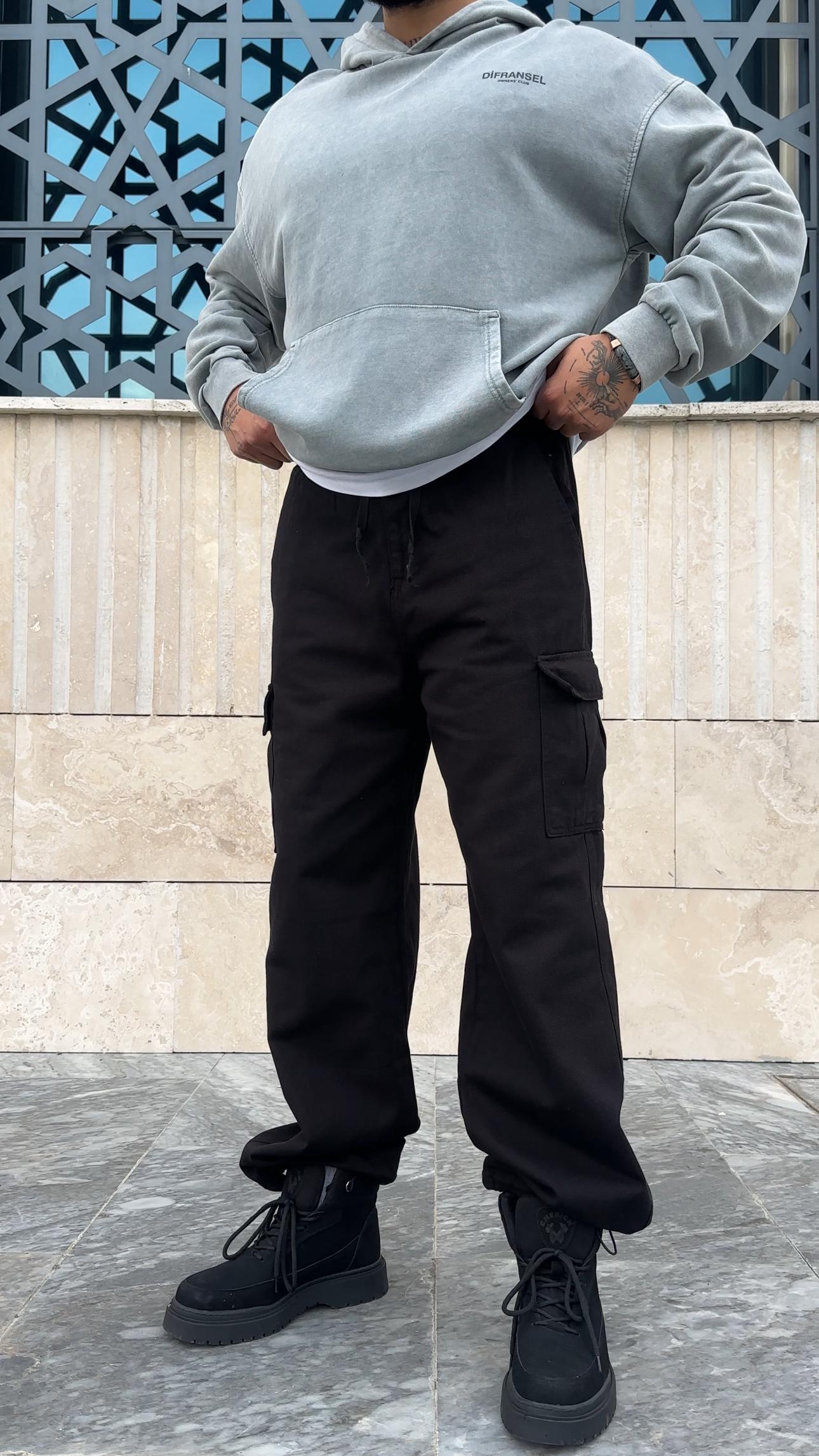 Kargo Cepli Stoper Paça Kot Pantolon - Siyah