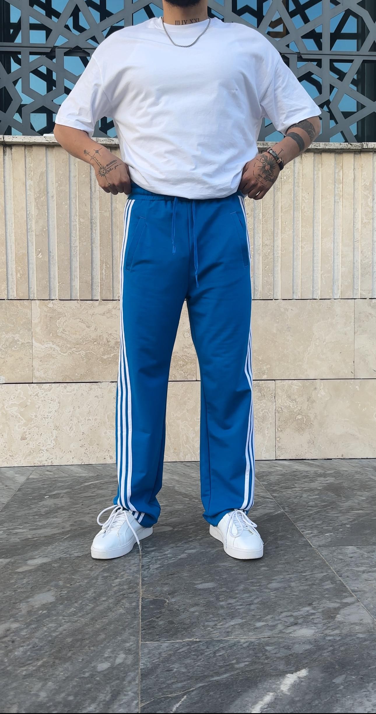 Şerit Detaylı Baggy Eşofman - Mavi