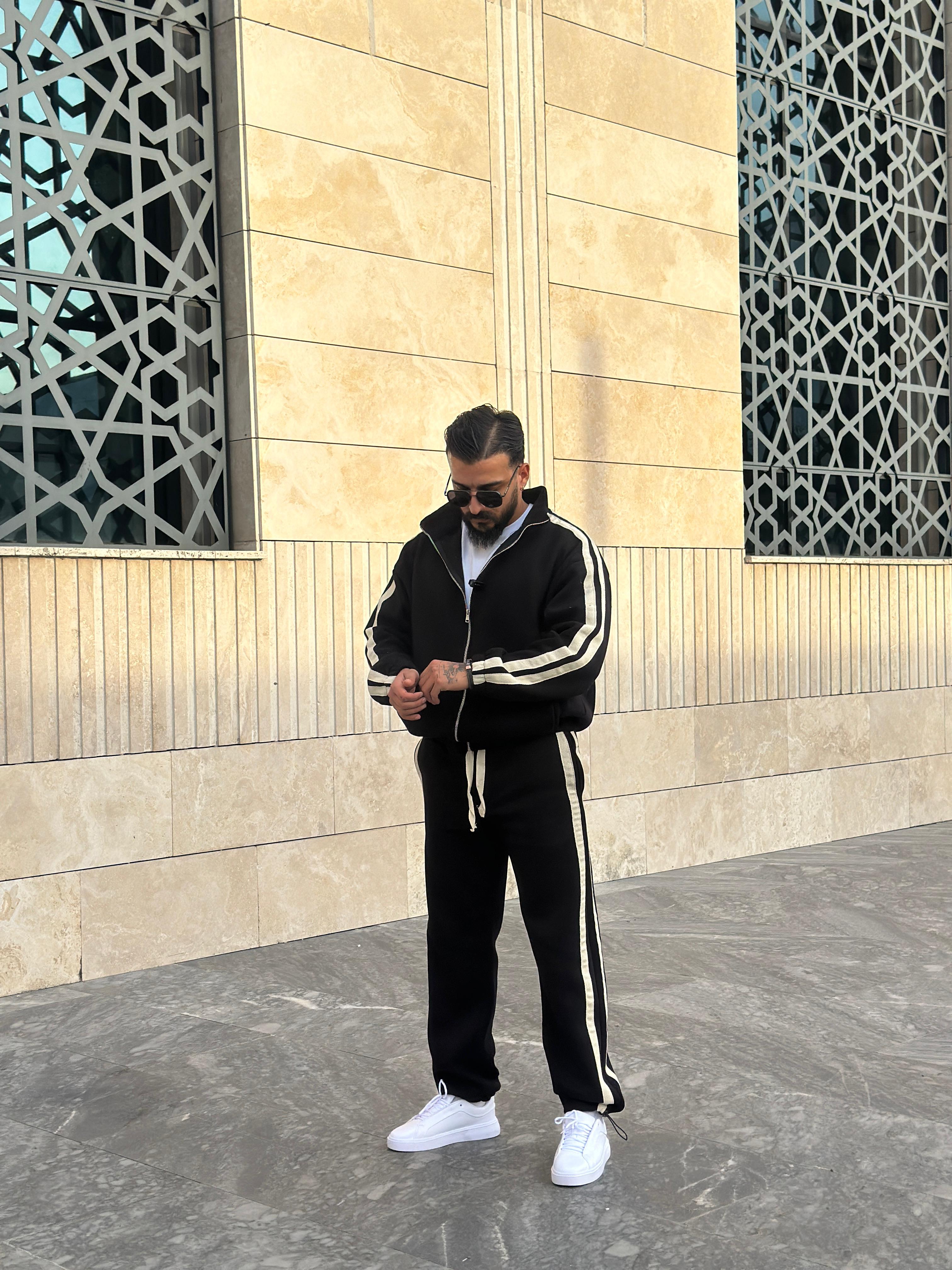 Hasır Şerit Detaylı Eşofman Takımı - Siyah