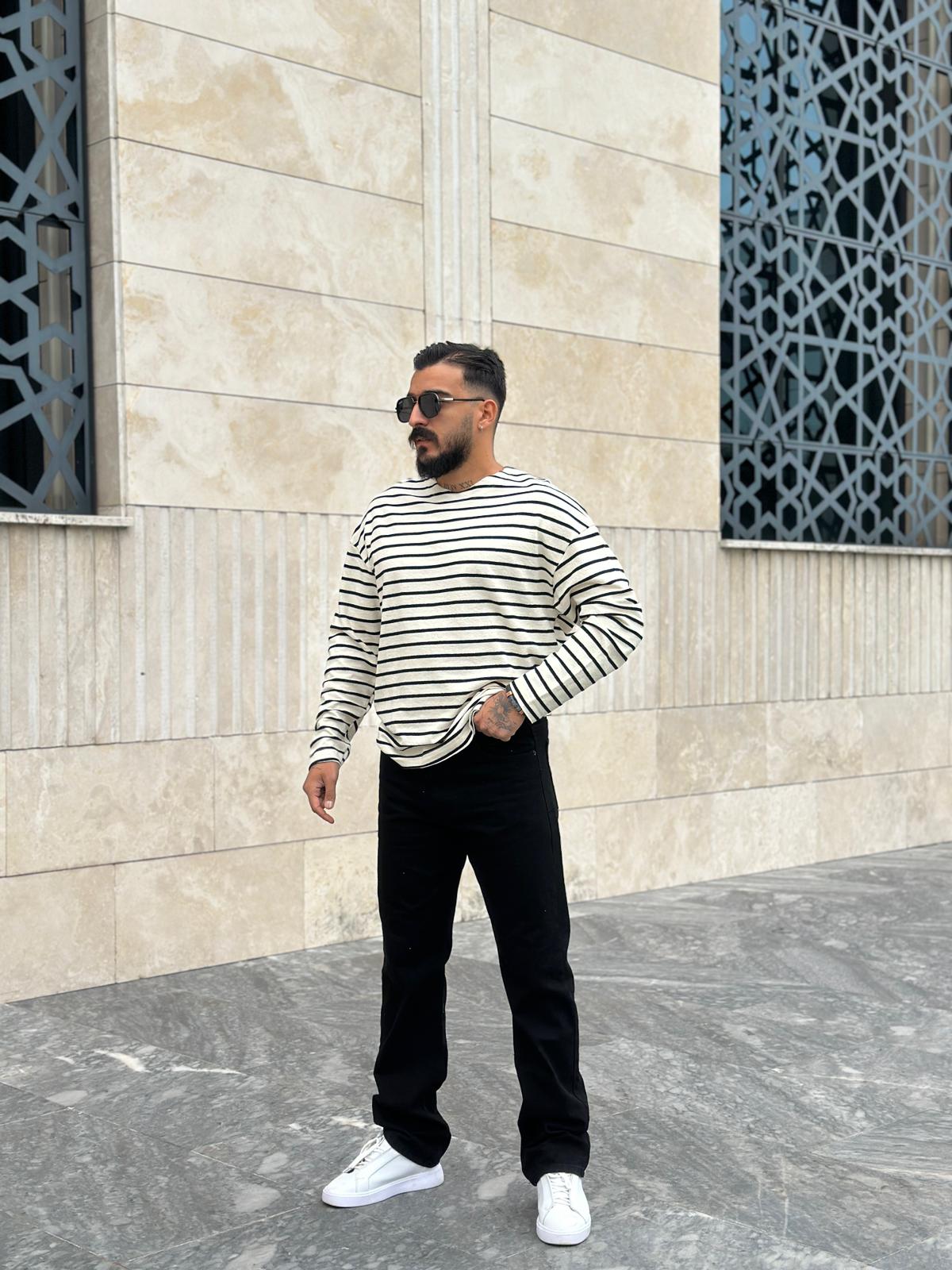 Yatay Çizgili Oversize Sweatshirt - Siyah