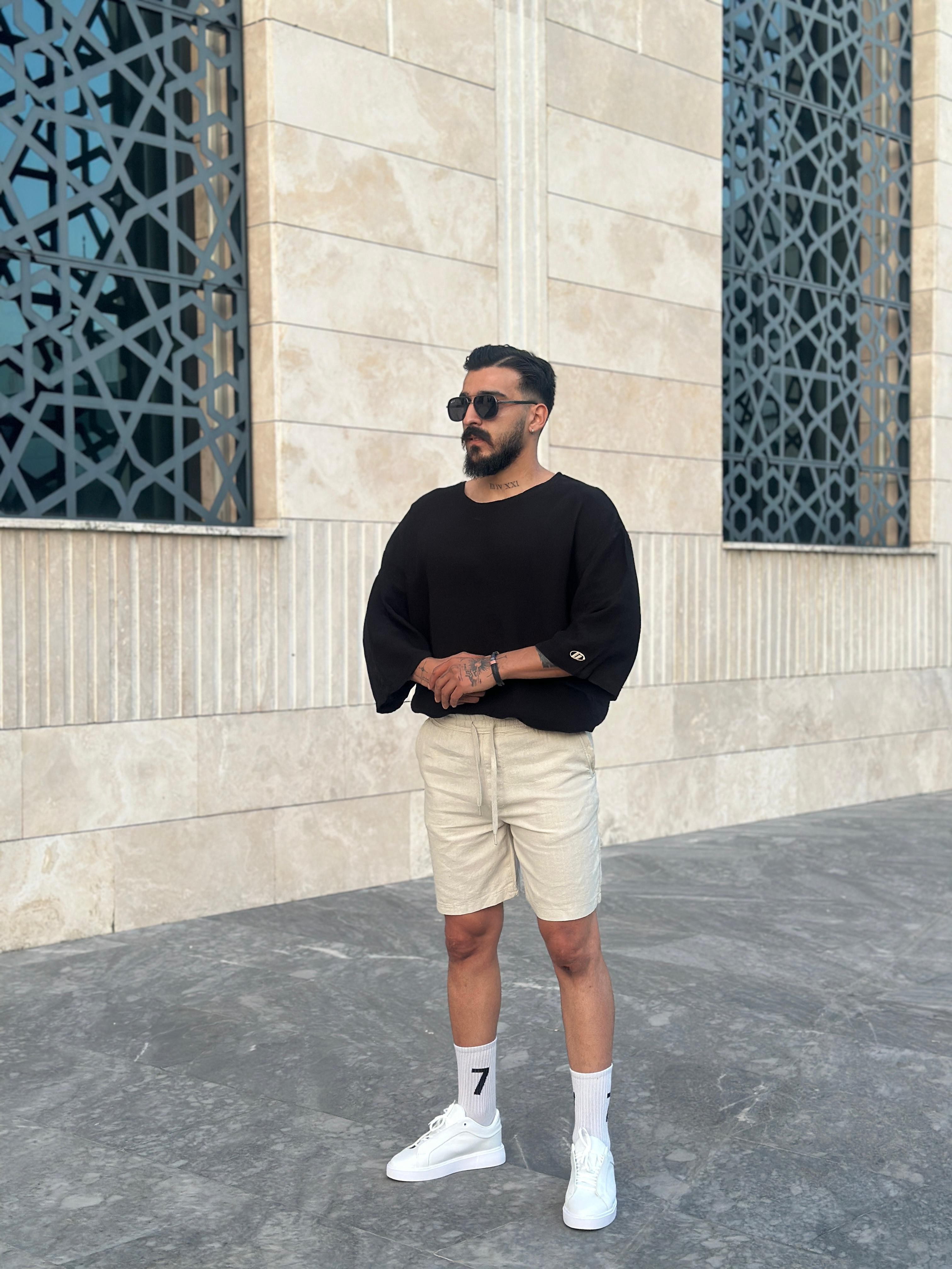 GG Müslin Kumaş Fakir Kol T shirt - Siyah