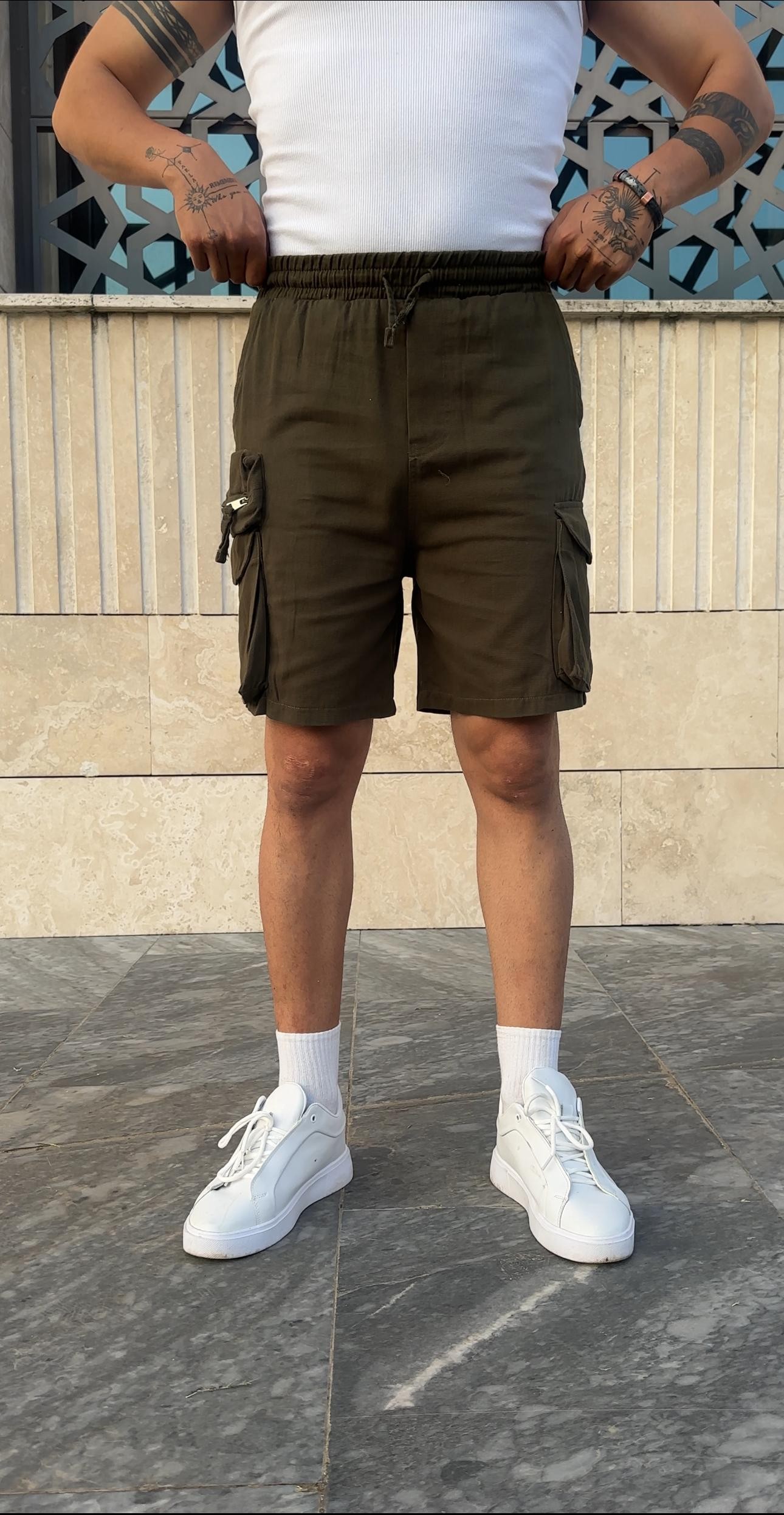 Kargo Cepli Tasarım Gabardin Şort - Haki