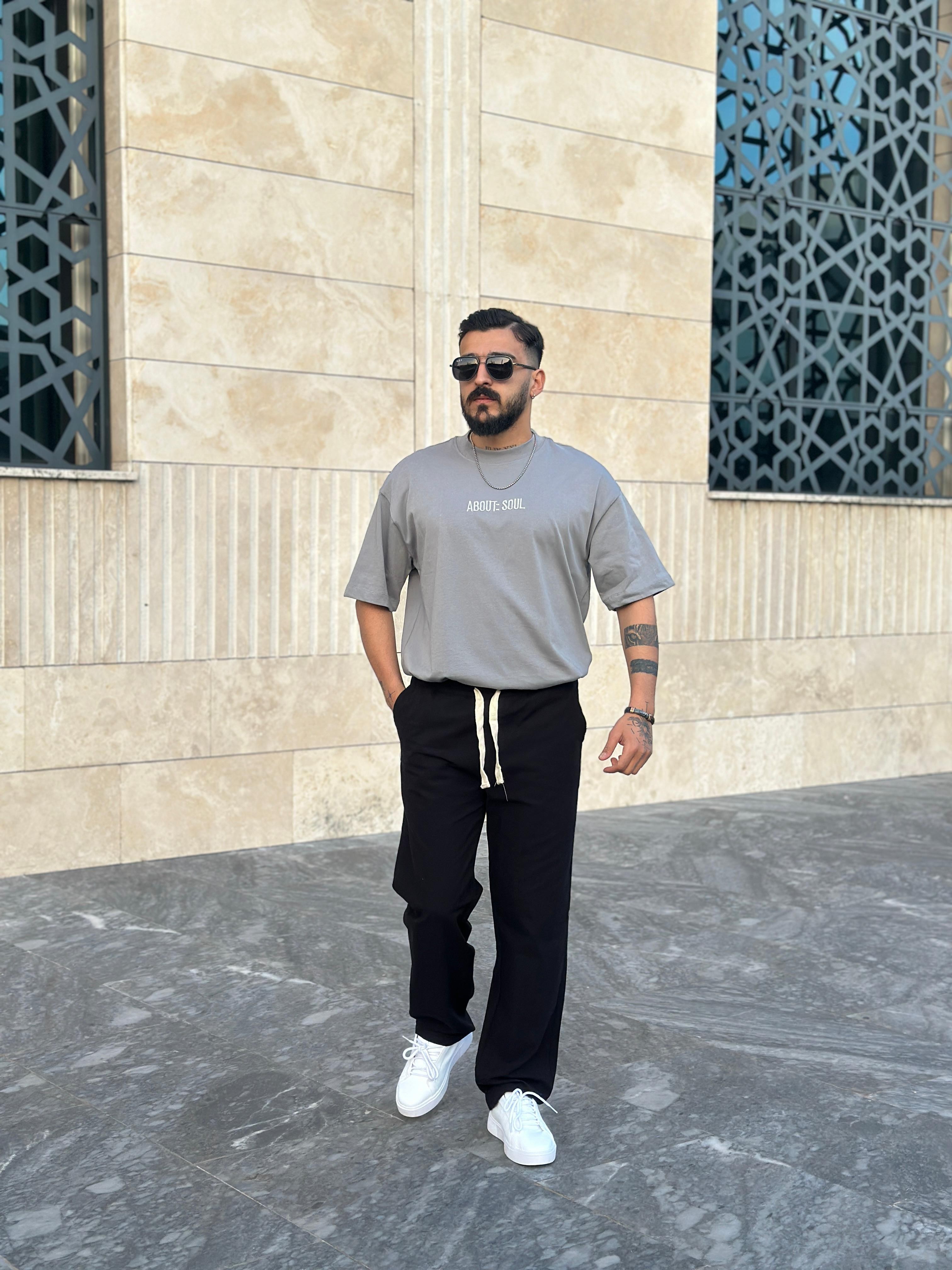 Oversize Nakışlı T shirt - Gri