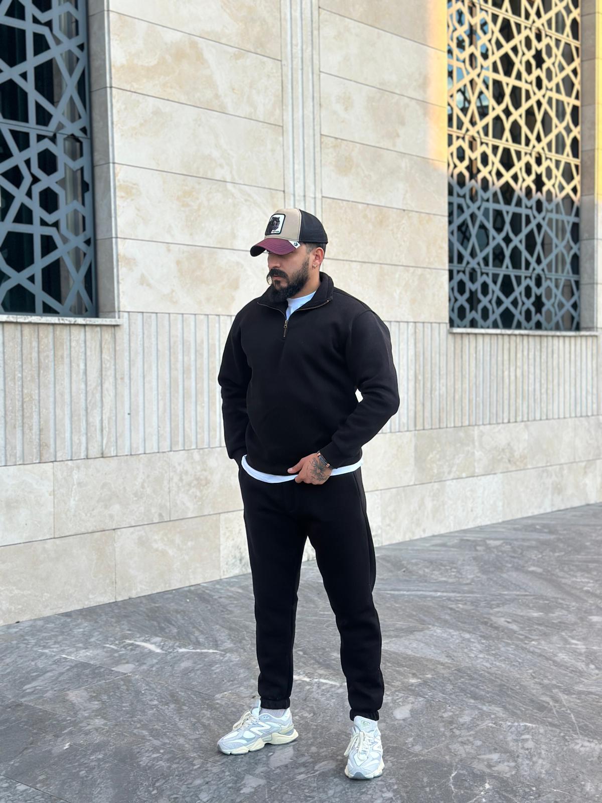 Üç İplik Şardonlu Yarım Fermarlı Eşofman Takımı - Siyah