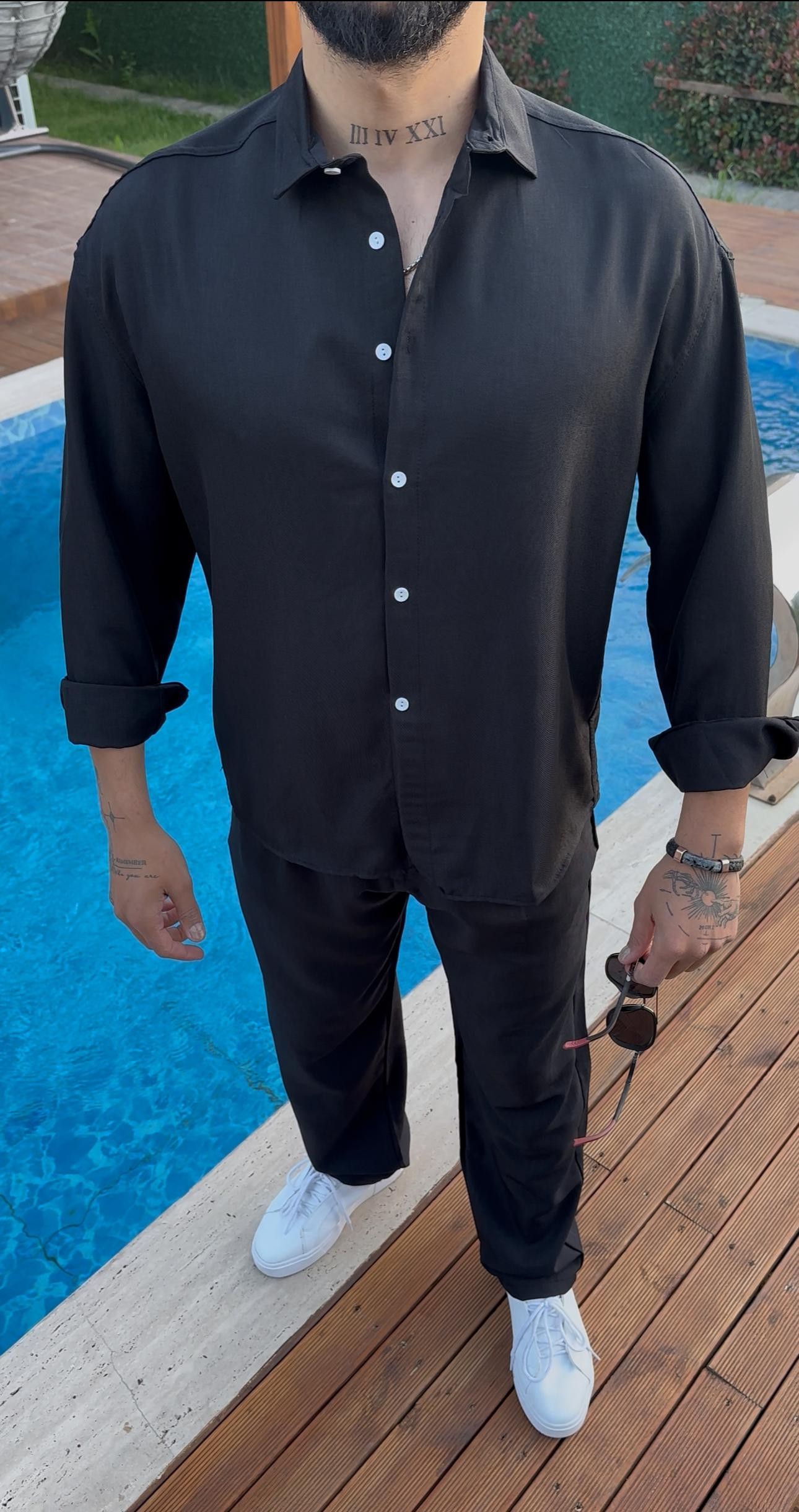 Oversize Keten Takım - Siyah