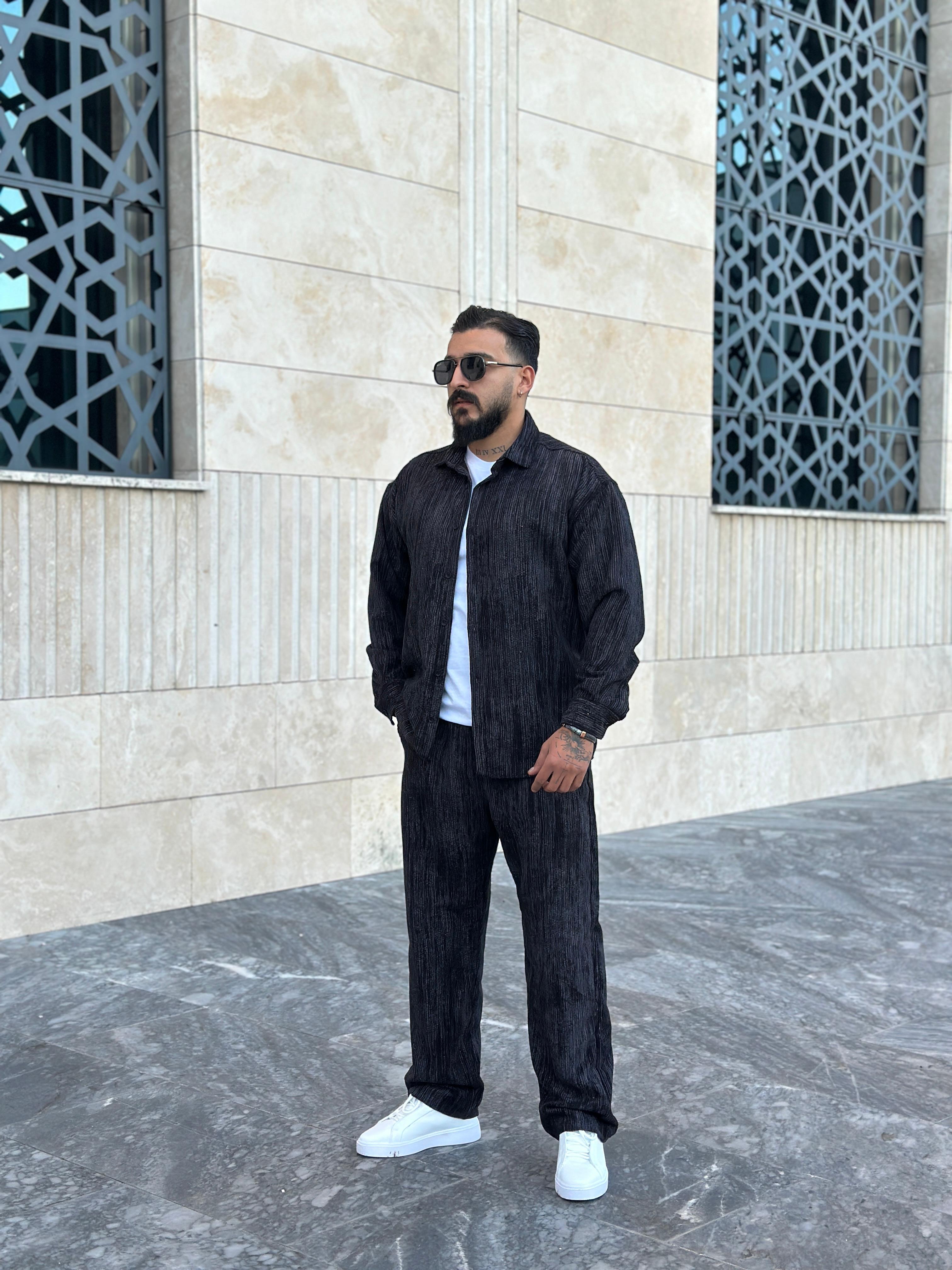 Efektli Oversize Kadife Takım - Siyah