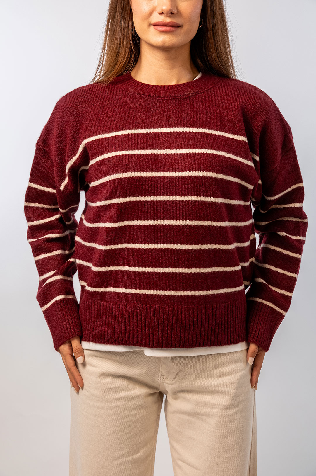 Bordo Çizgili Triko Kazak