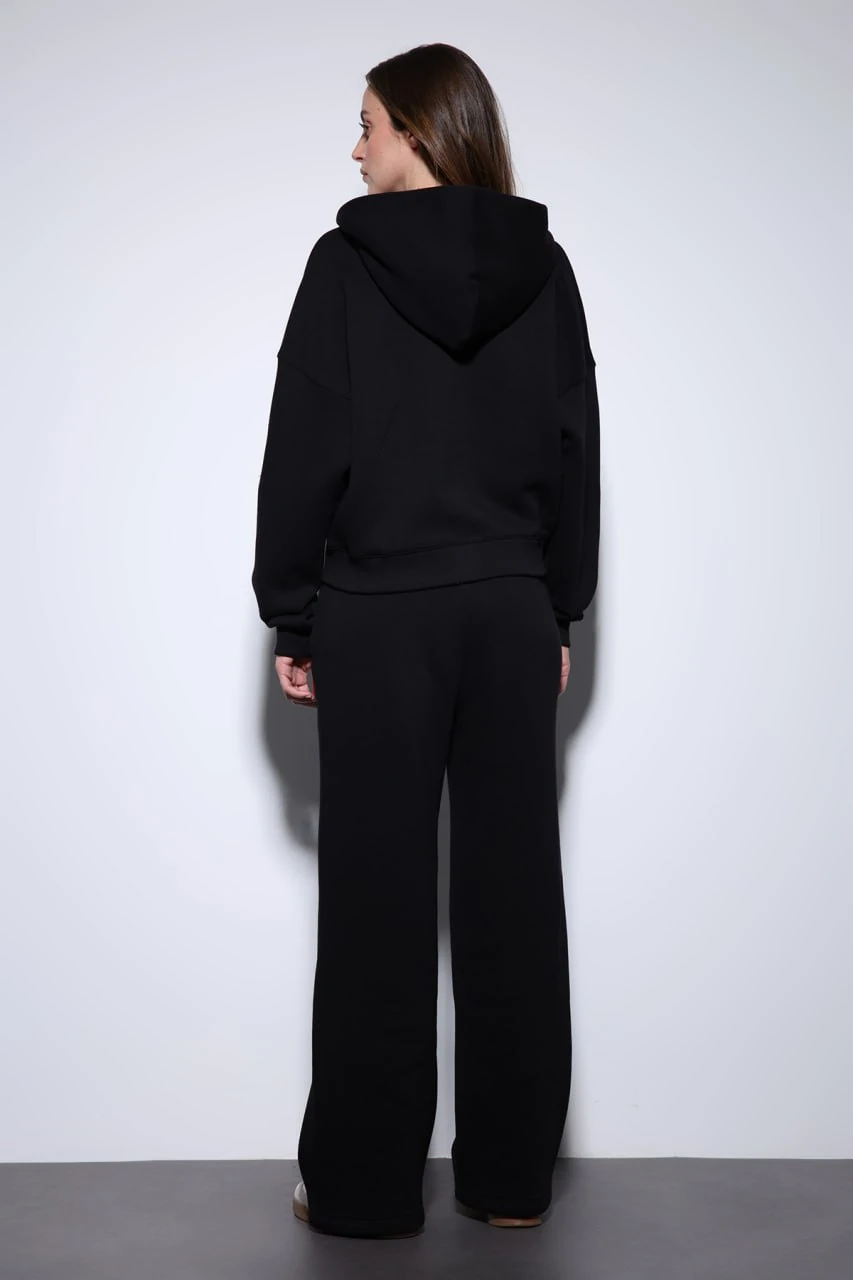 Siyah Fermuarlı Kapüşonlu Sweatshirt