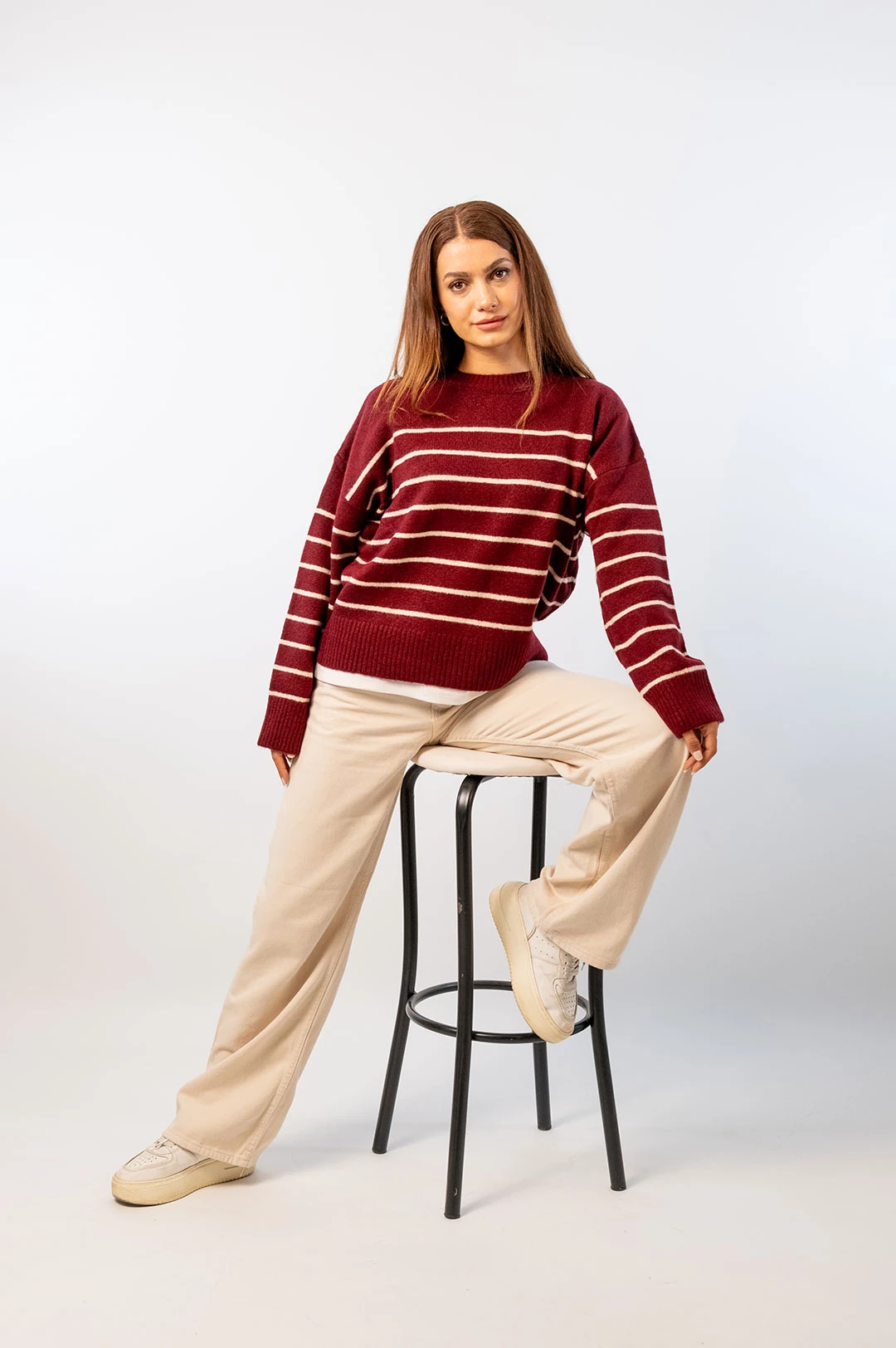 Bordo Çizgili Triko Kazak