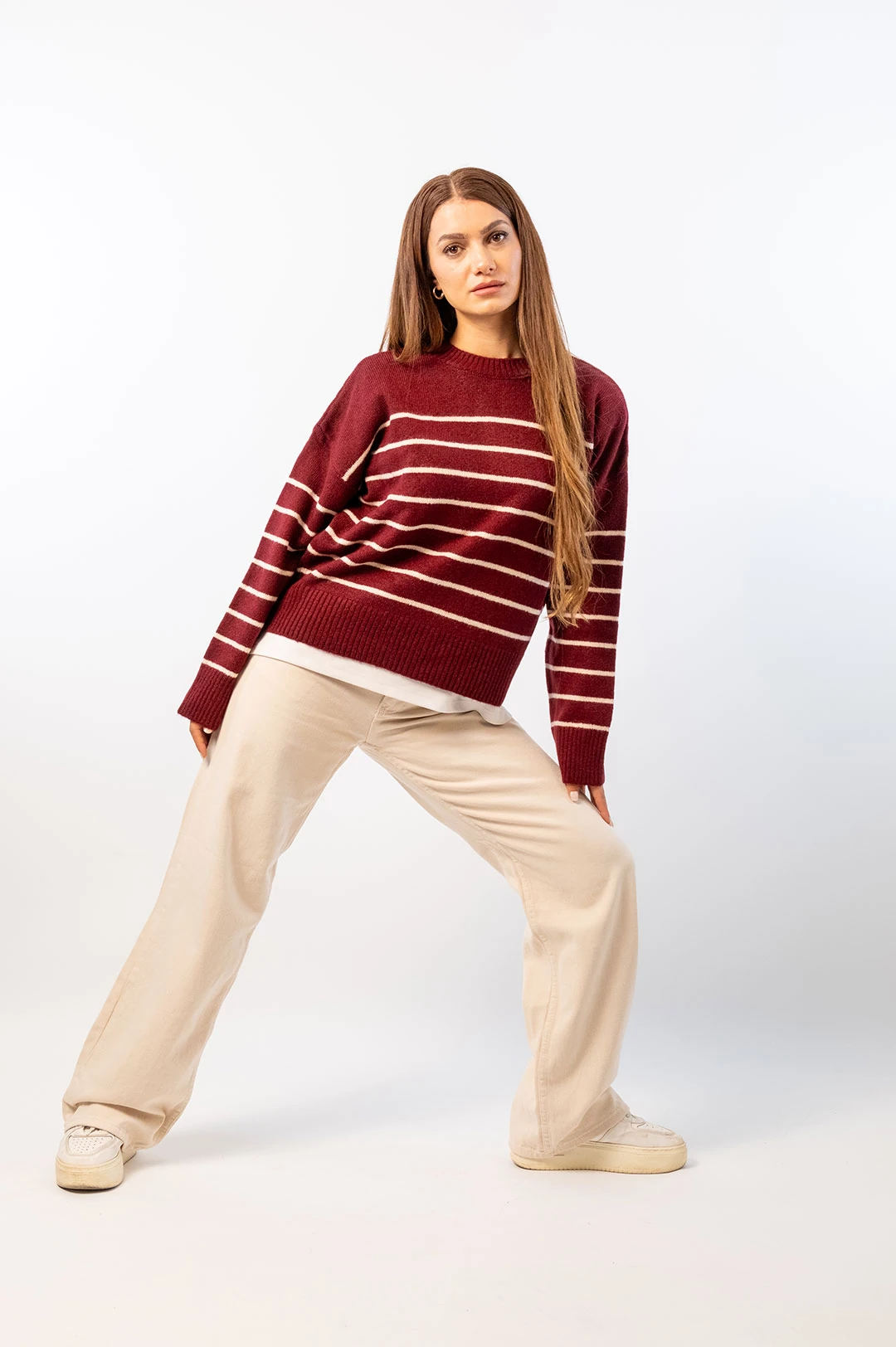 Bordo Çizgili Triko Kazak