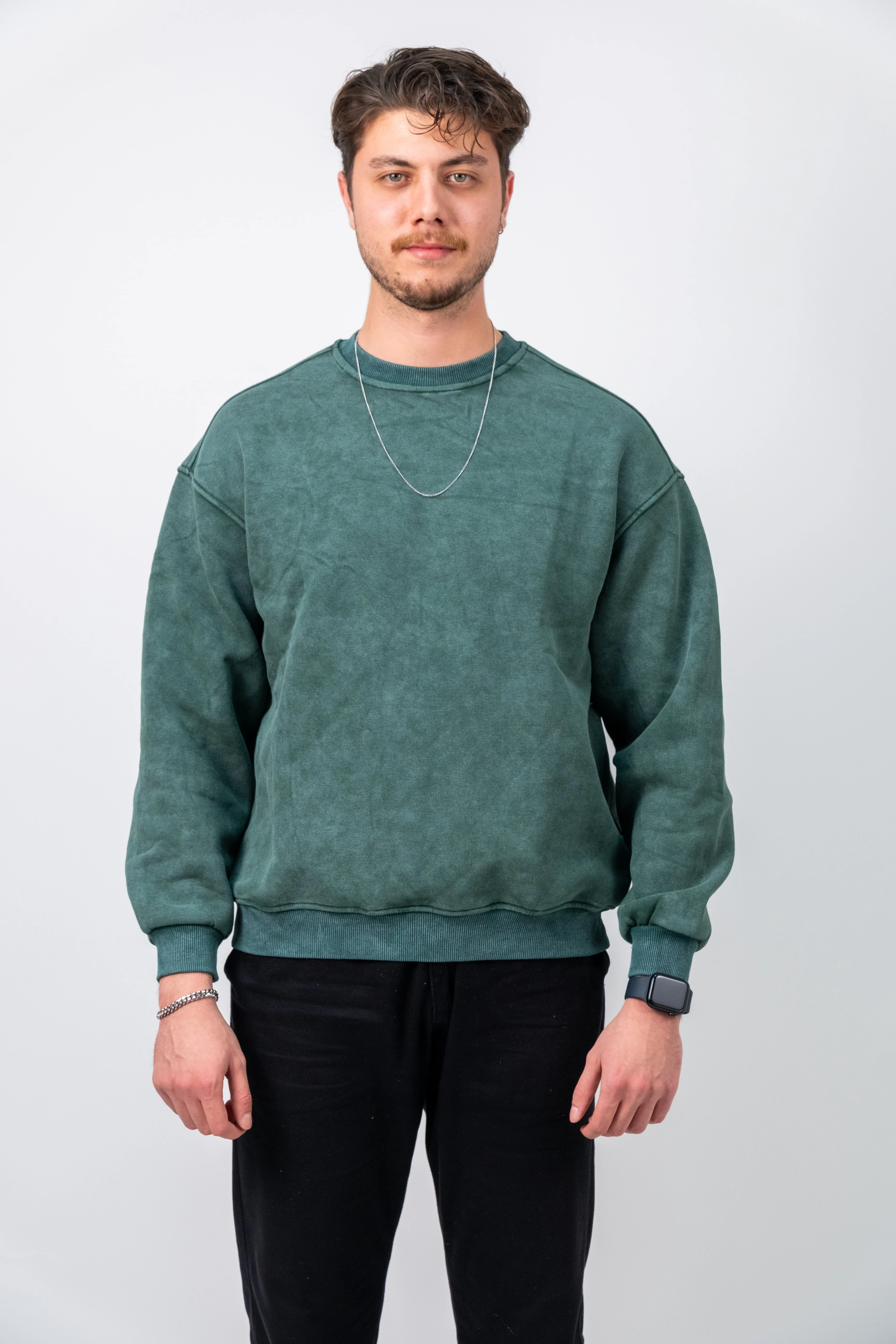 Haki Yıkamalı Basic Oversize Sweatshirt