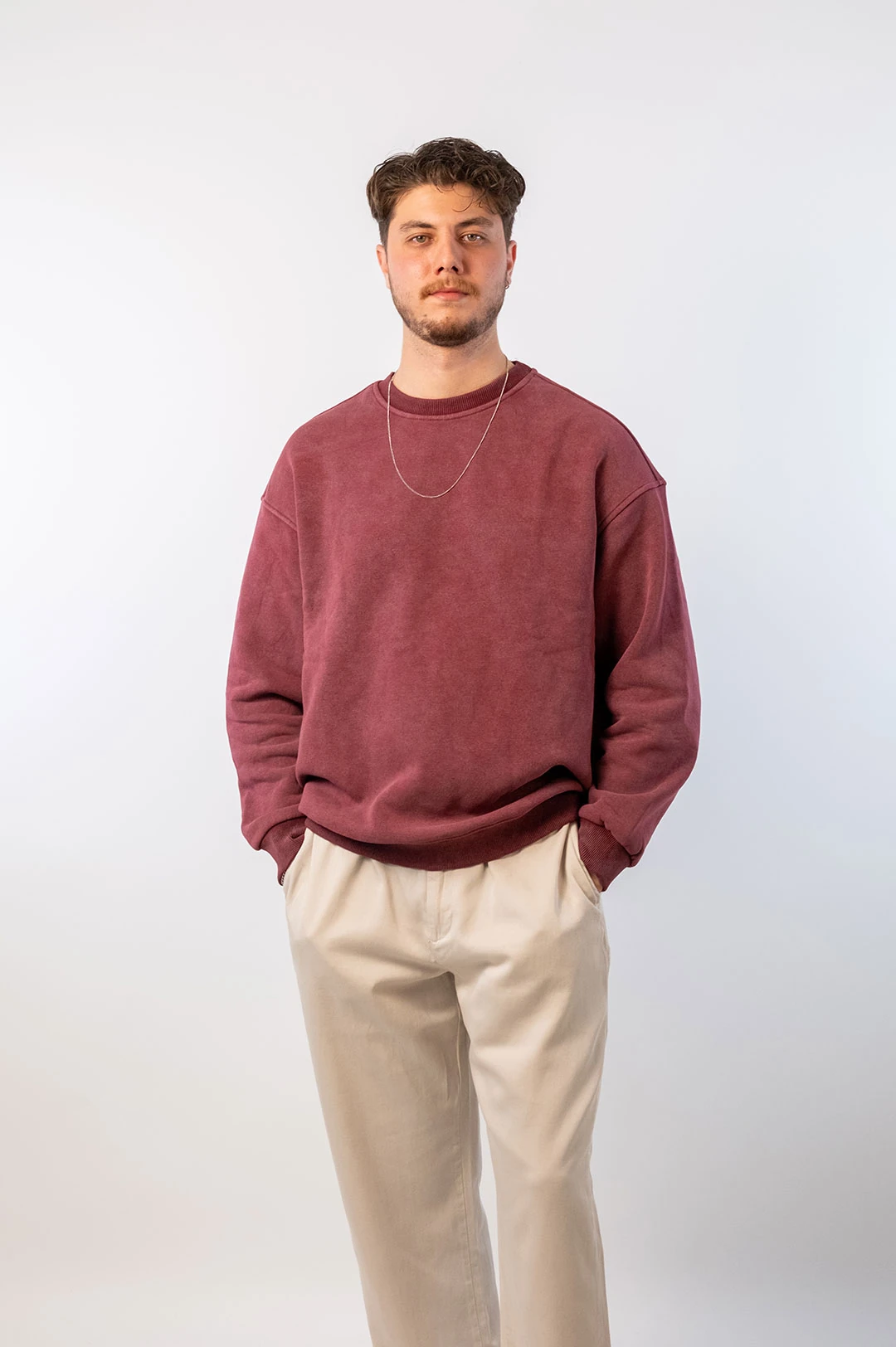 Bordo Yıkamalı Basic Oversize Sweatshirt