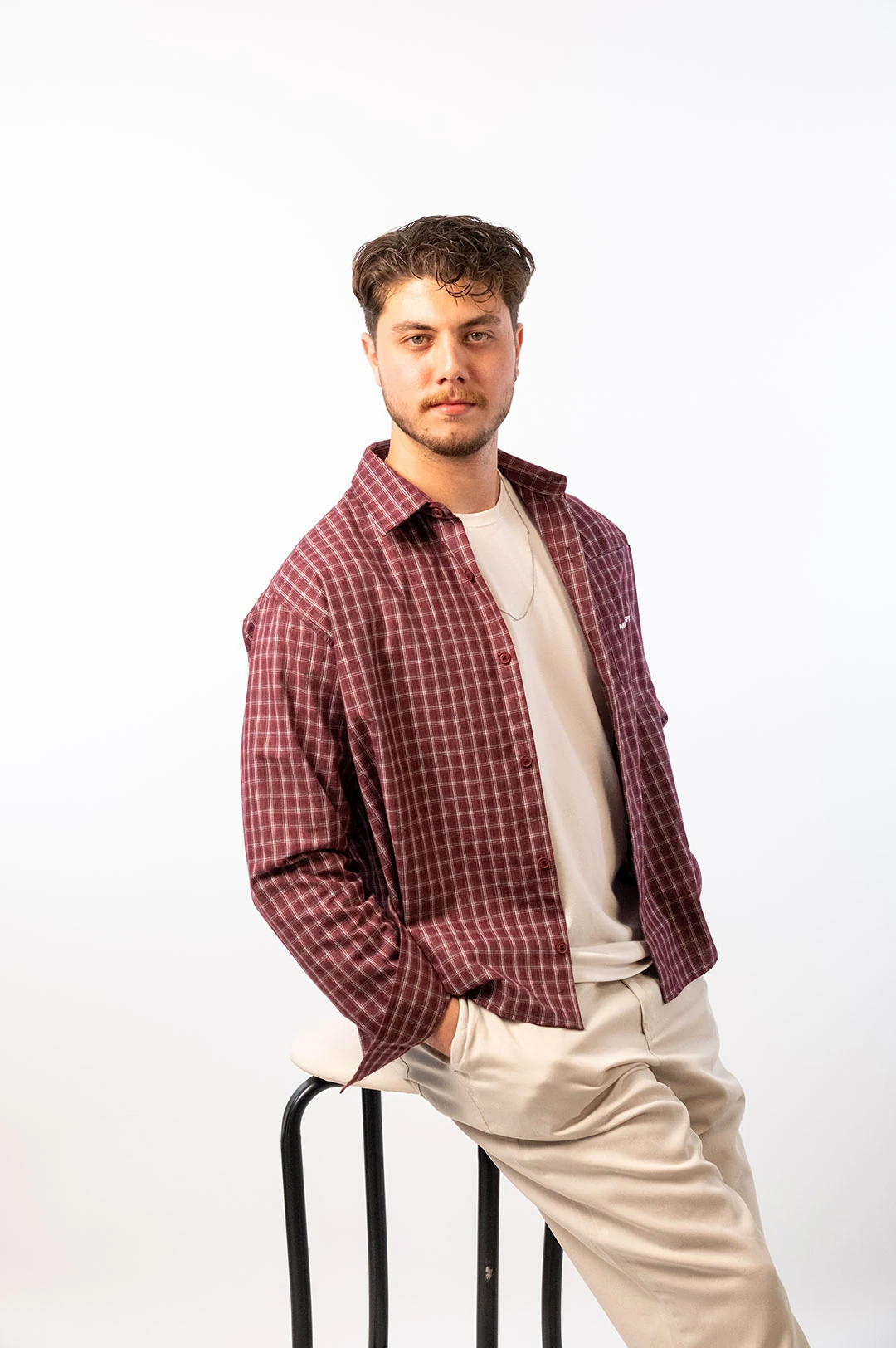 Kareli Bordo Keten Gömlek