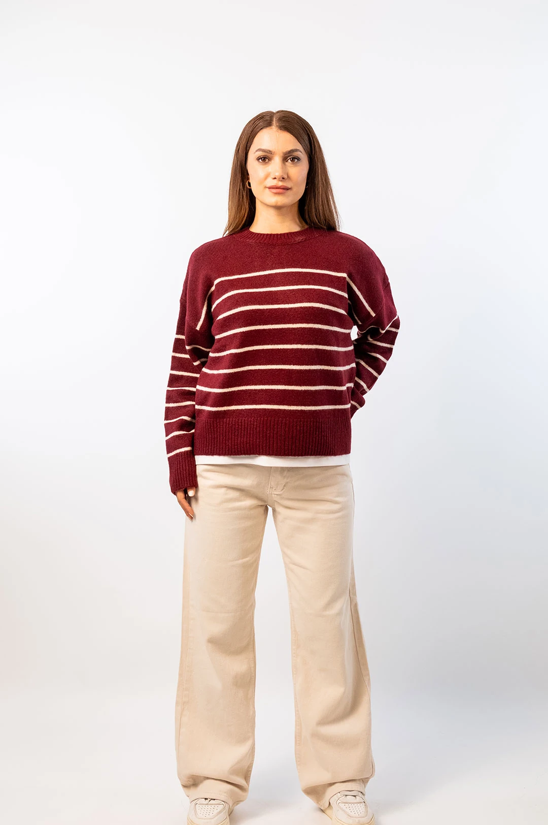Bordo Çizgili Triko Kazak