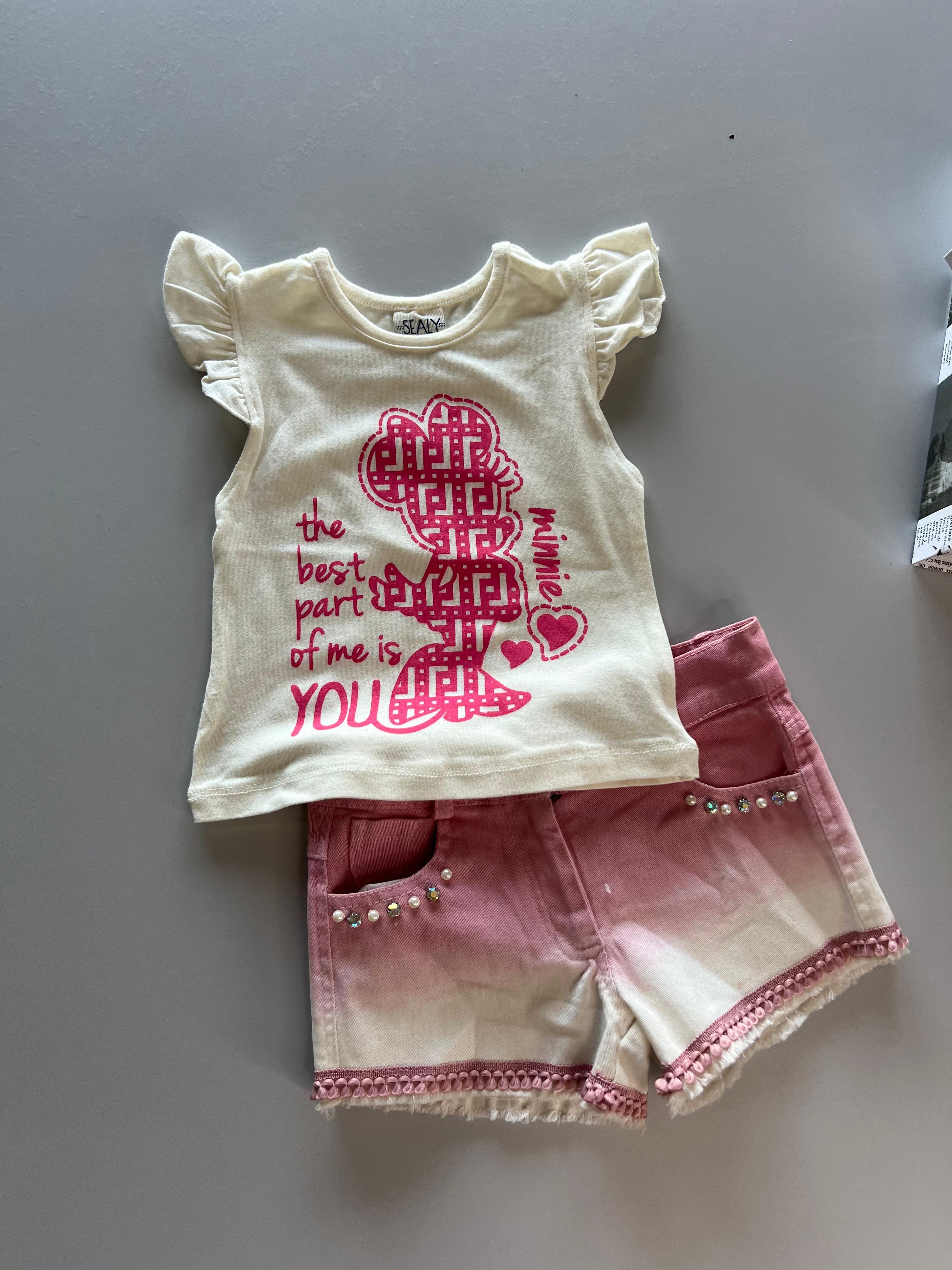 Kırmızı Taşlı Kot Etek & T-Shirt Kombin ( Tek Kalan Ürün / 2 Yaş )