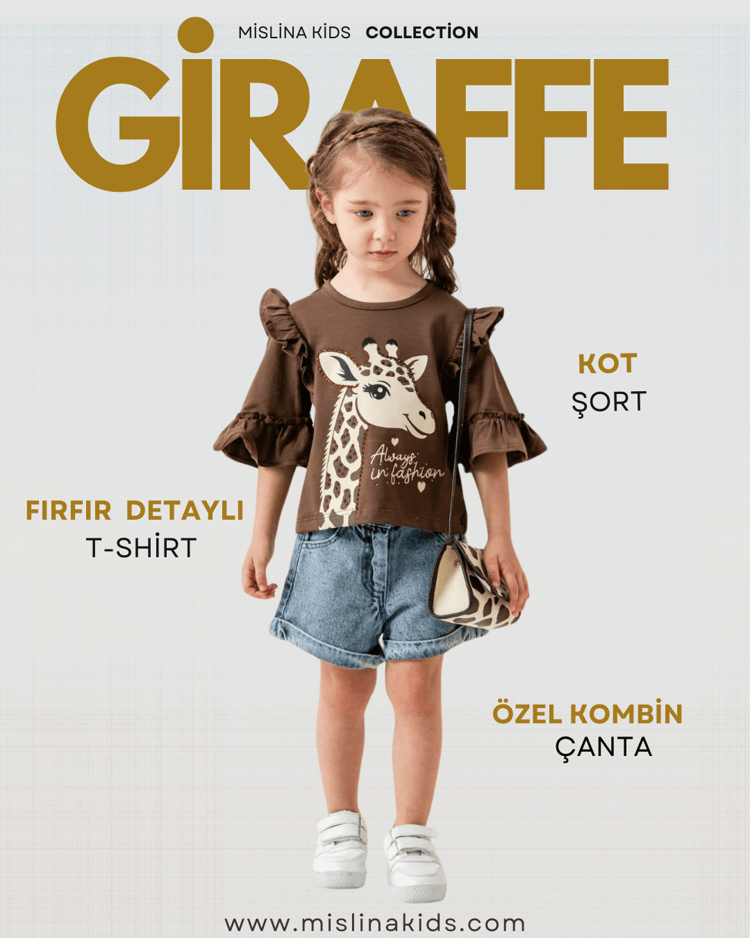 Giraffe Kız Çocuk 3’lü Yazlık Kombin 2-5 Yaş | Zürafa Baskılı Tişört + Kot Şort + Çanta